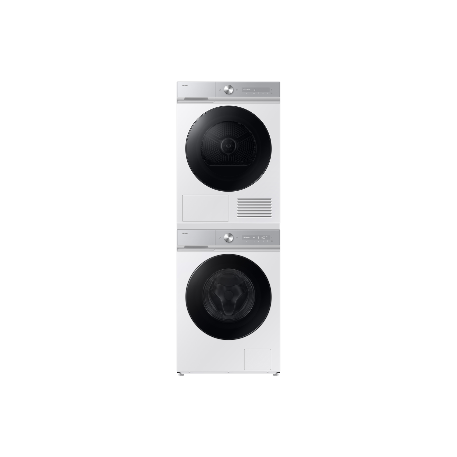 Stacked white Samsung washer and dryer. The dryer is above the washer. Both have black doors and silver control panels.