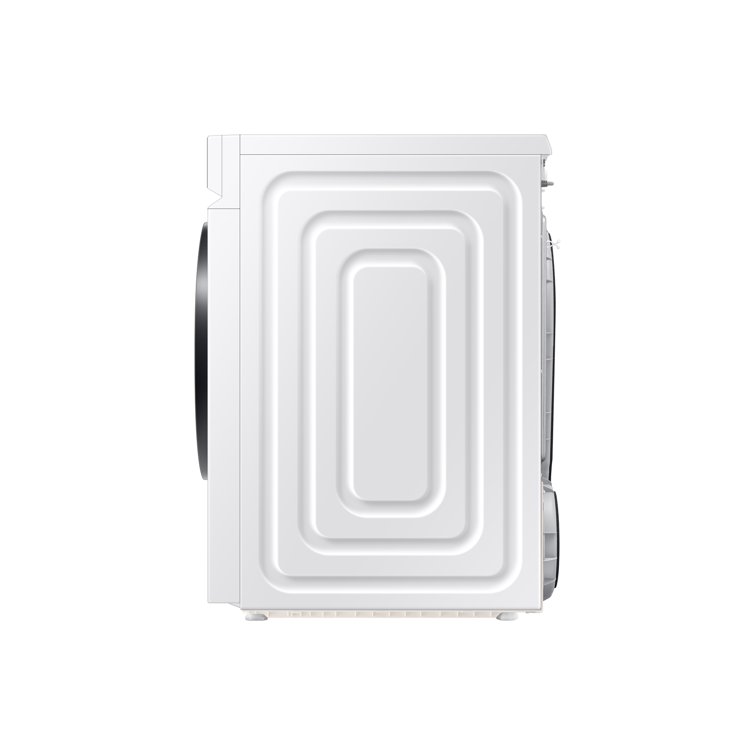 A white washing machine is shown from the side. It has a black door and a textured back panel with a rectangular design.