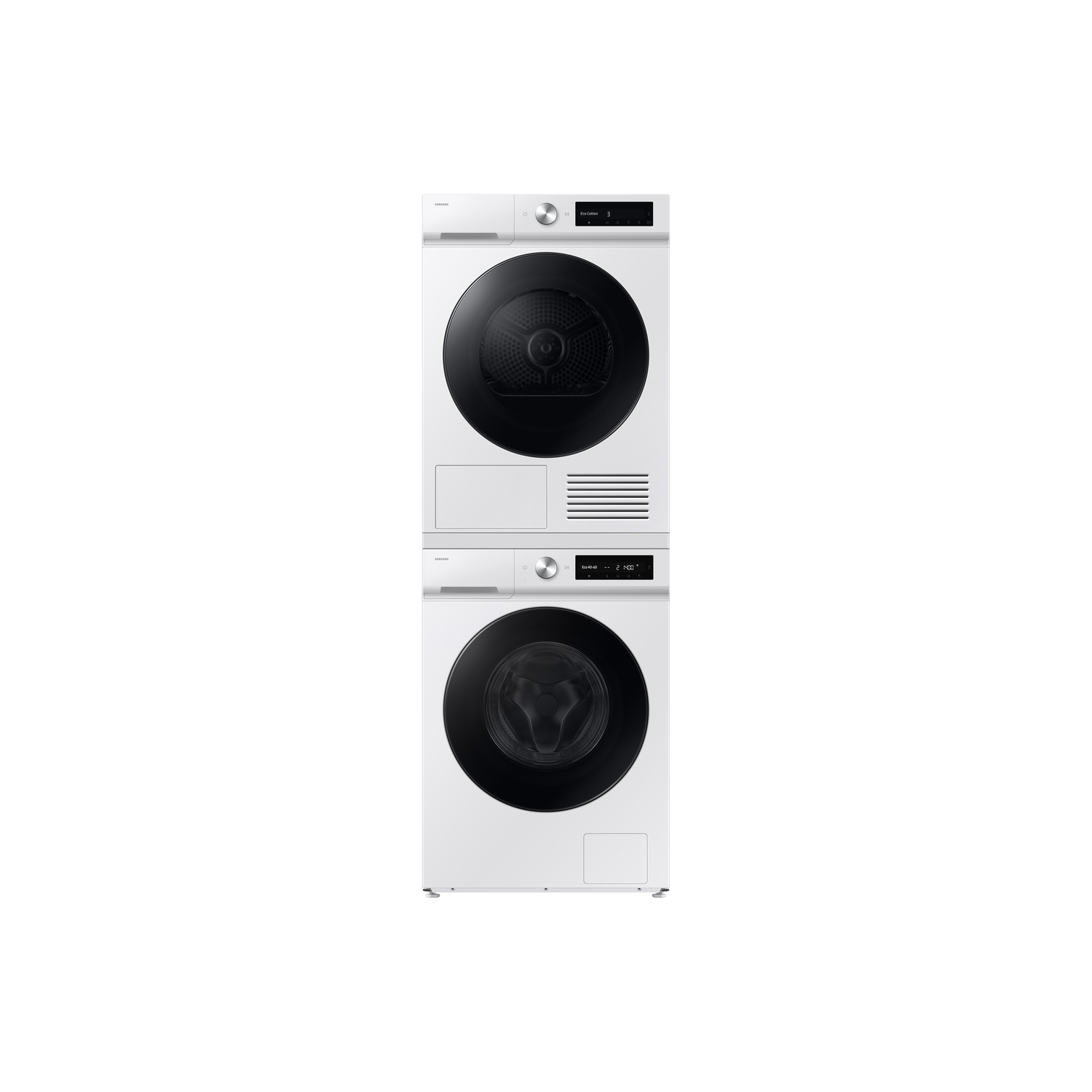 Een gestapelde witte wasmachine en droger set. De droger staat bovenop, de wasmachine eronder. Beide hebben zwarte deuren en bedieningspanelen.
