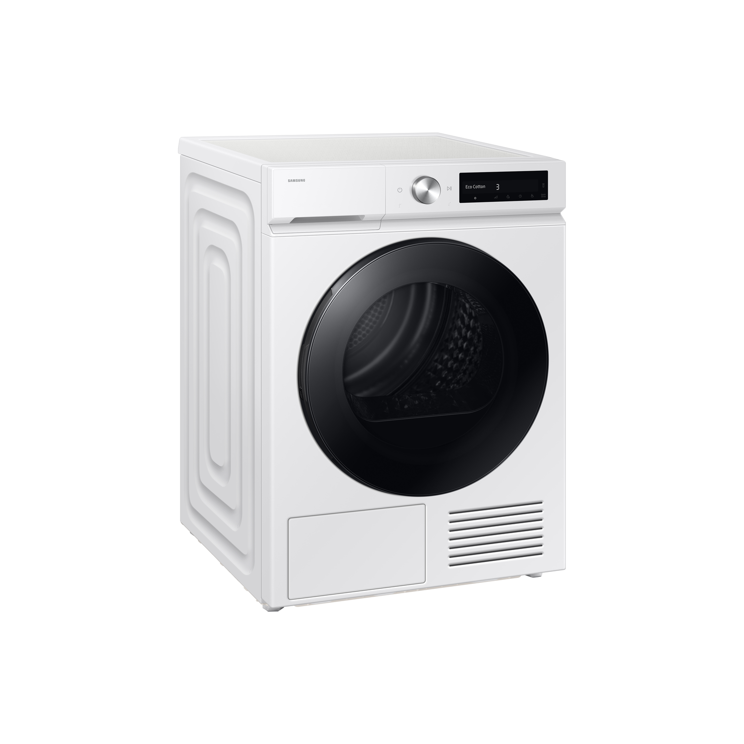 Witte Samsung droger. Het heeft een zwarte deur, digitaal display en een ventilatie aan de onderkant. Het ontwerp is modern.