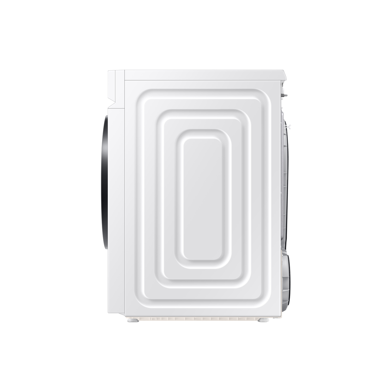 Zijaanzicht van een witte wasmachine. Het achterpaneel heeft een rechthoekig reliëfontwerp. De deur is zwart.