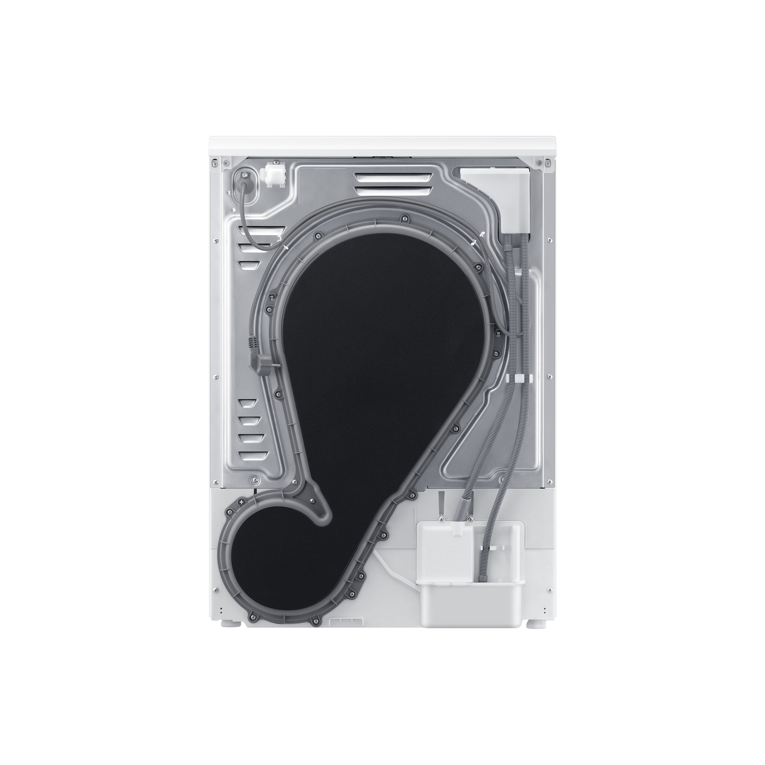 Achterkant van een witte droger. Toont interne componenten: een groot zwart filter, grijze buizen, witte watercontainer en metalen frame.