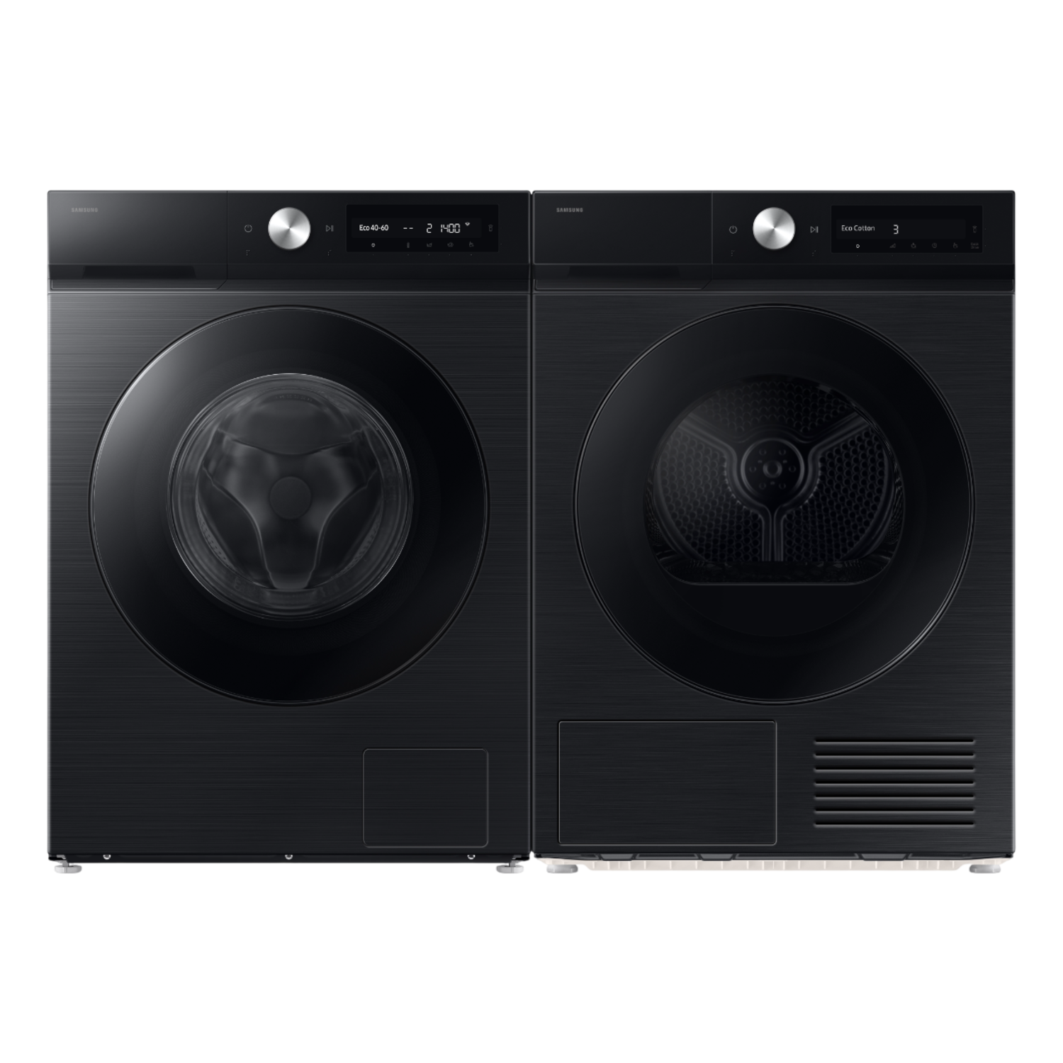 Zwarte Samsung wasmachine en droger set. Elk heeft een ronde deur met een bedieningspaneel aan de bovenkant en een compartiment eronder.