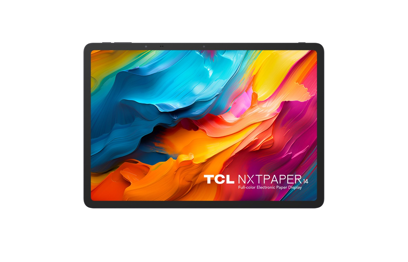 TCL NXTPAPER 14 tablet. Ekran, mavi, turuncu ve pembe tonları içeren renkli soyut sanat sergiliyor. Beyaz zemin üzerinde siyah çerçeve.