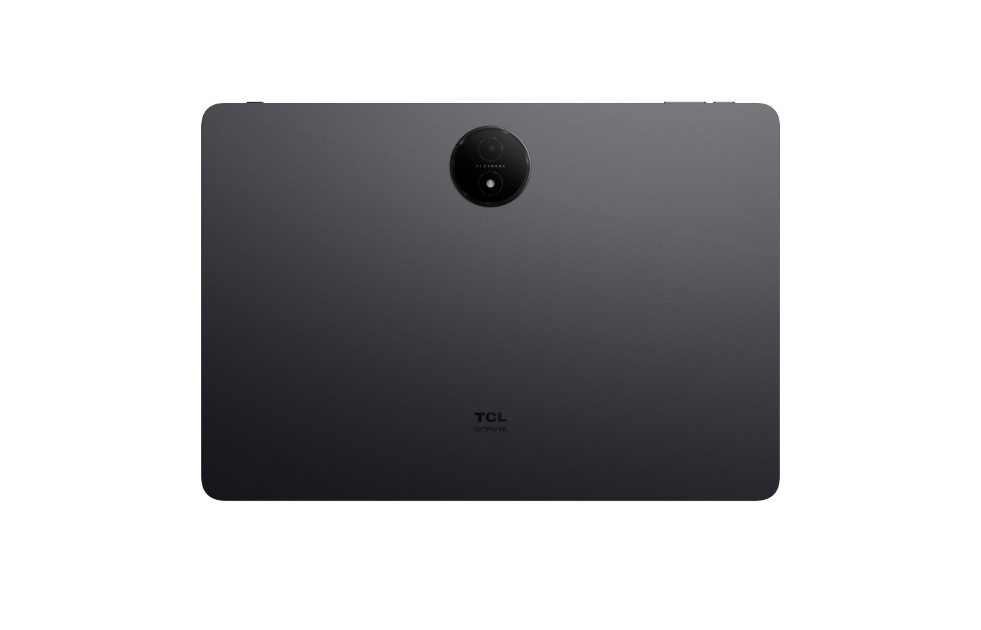 Beyaz zemin üzerinde koyu gri tablet. Kamera ve TCL logosu içerir. Tabletin arkası görünür.