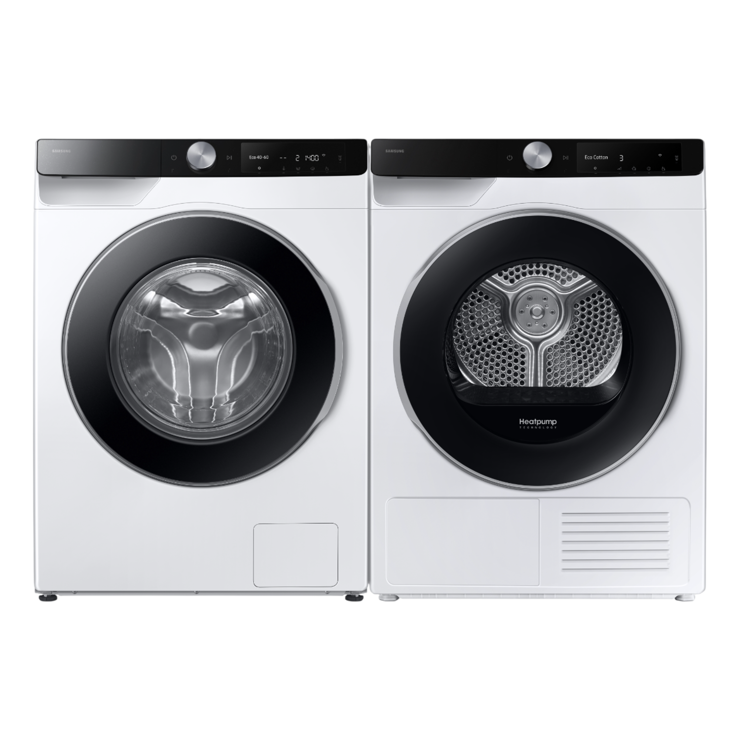 Twee witte Samsung wasmachines en drogers. Elk heeft een zwarte deur en bedieningspaneel. De droger heeft "Heatpump Technology".