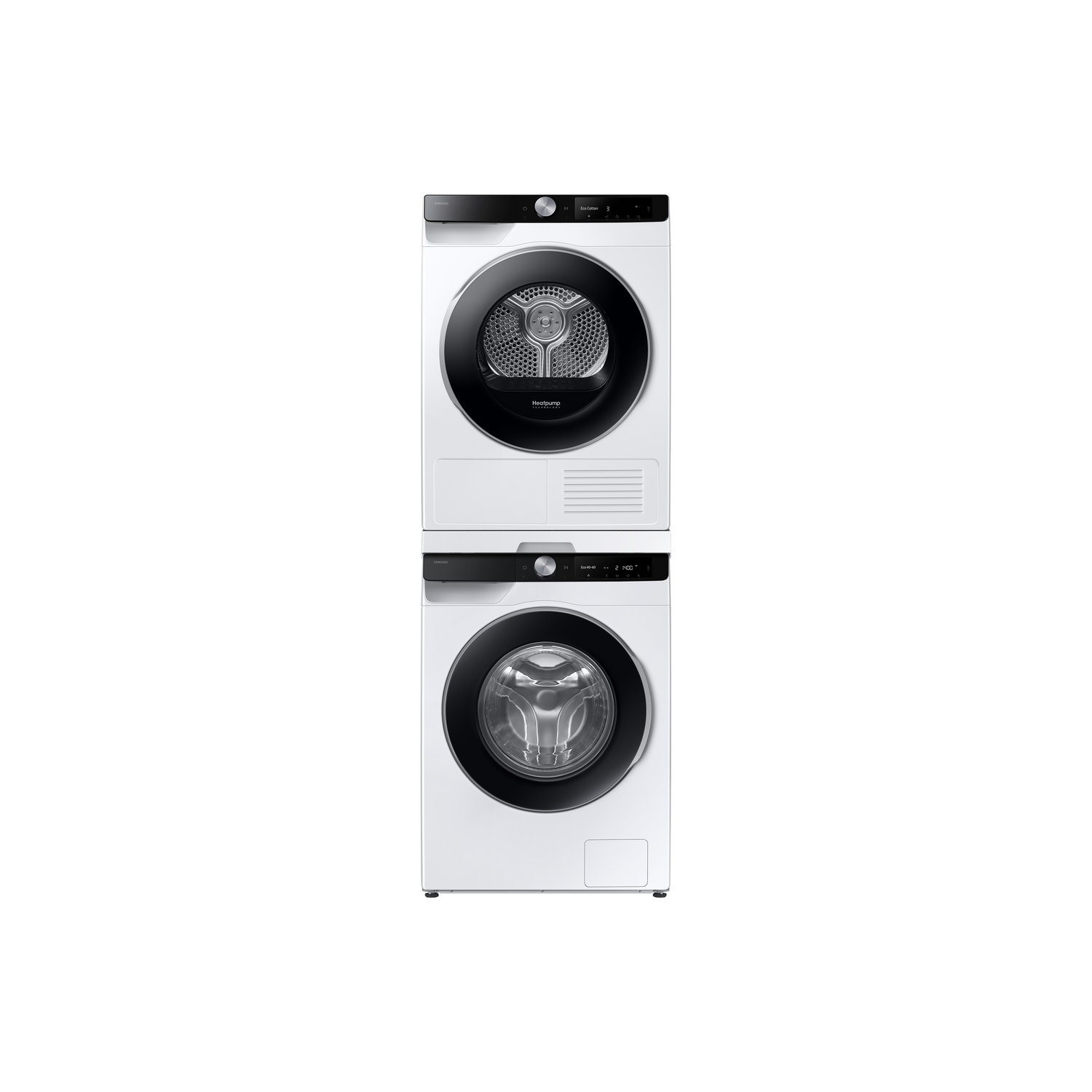 Witte Samsung wasmachine en droger gestapeld. Elk heeft een zwarte deur en bedieningspaneel. De droger heeft een 'Heatpump' label.