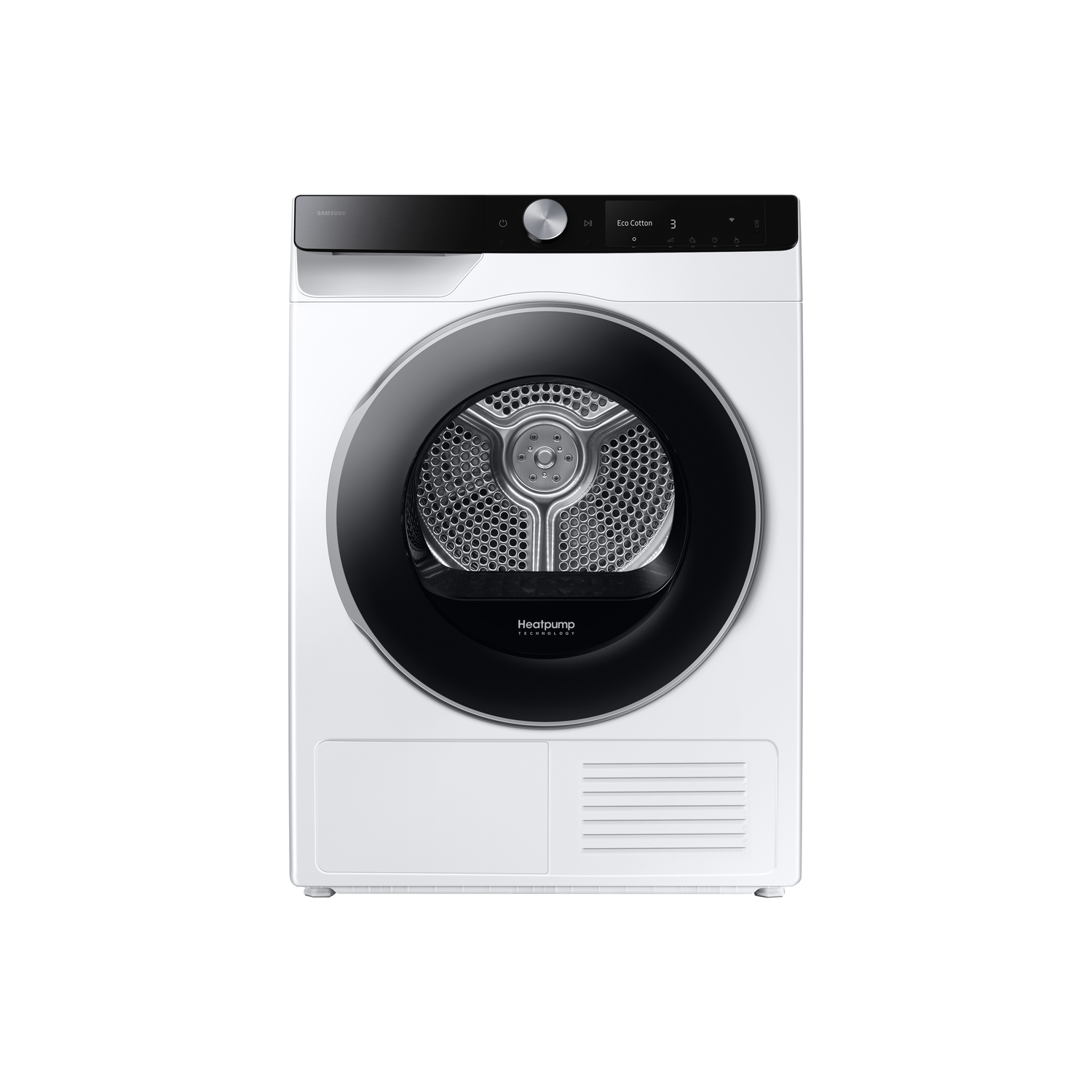 Een witte Samsung droger met een zwarte deur en bedieningspaneel. De droger heeft een ronde deur en het scherm toont 'Eco Cotton 3'.