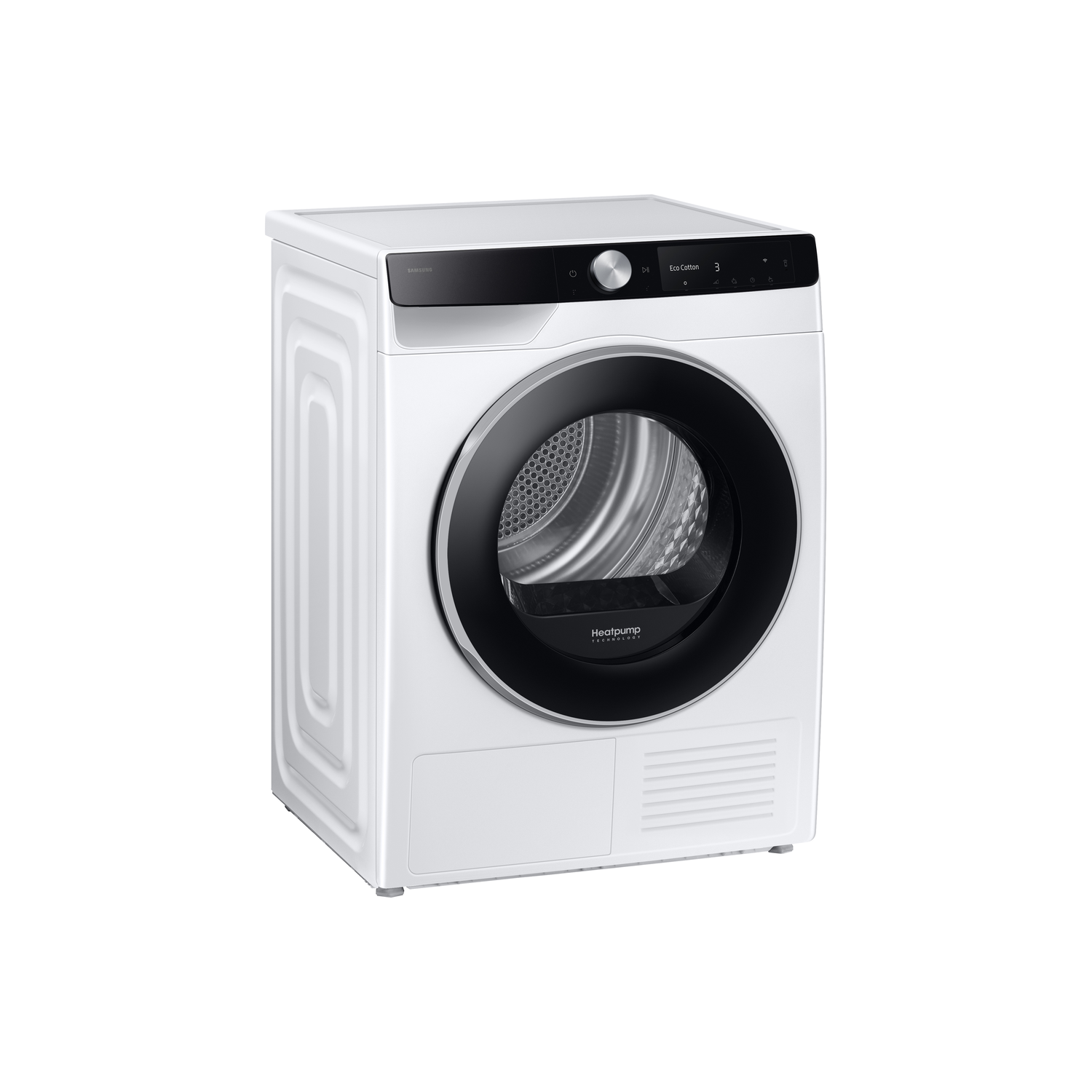 Een witte Samsung droger met een zwarte deur en bedieningspaneel. Het heeft een ronde deur en 'Heatpump Technology' is zichtbaar.
