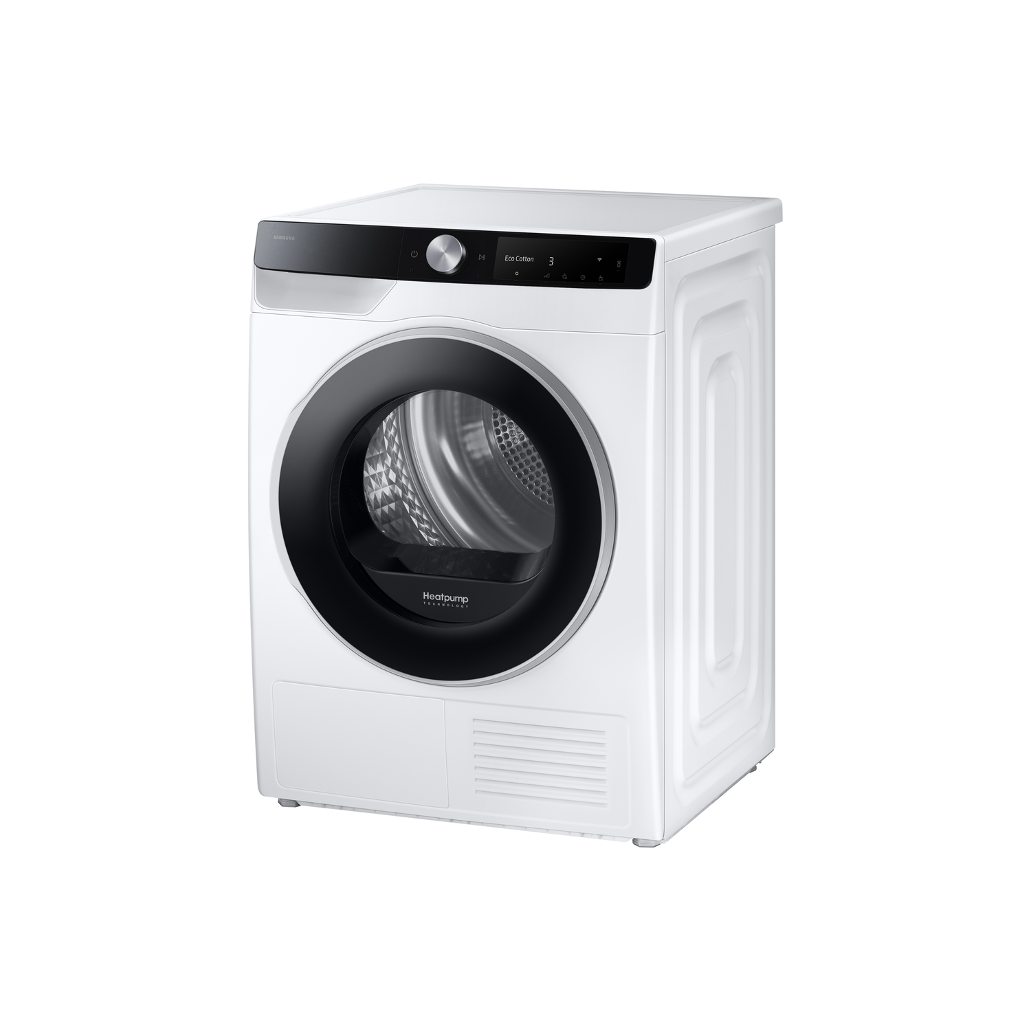 Witte Samsung droger. Zwarte deur en bedieningspaneel. Digitaal display toont instellingen. Heatpump technologie is gelabeld.