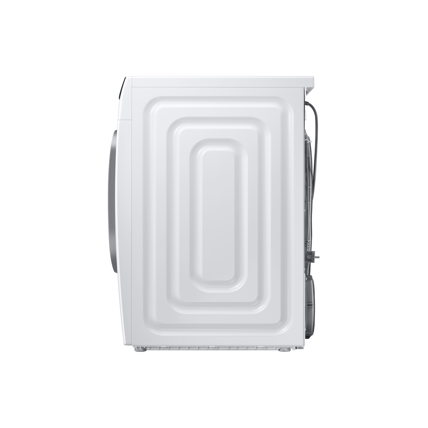 Een witte wasmachine van opzij. De machine heeft een geribbelde achterkant met een deur links en draden rechts.
