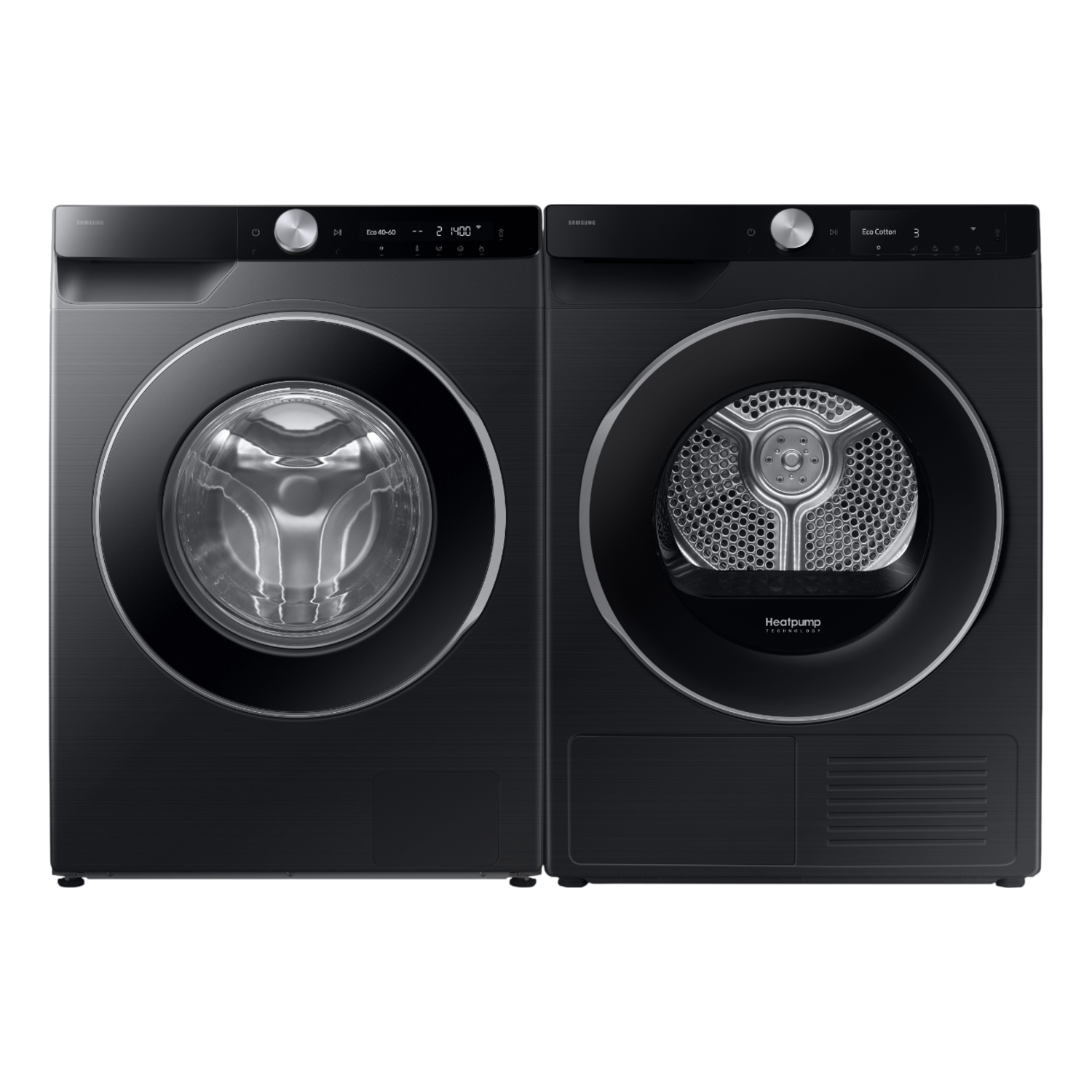 Two black Samsung washing machines, one with a door and the other with a circular opening. Control panels are on top.