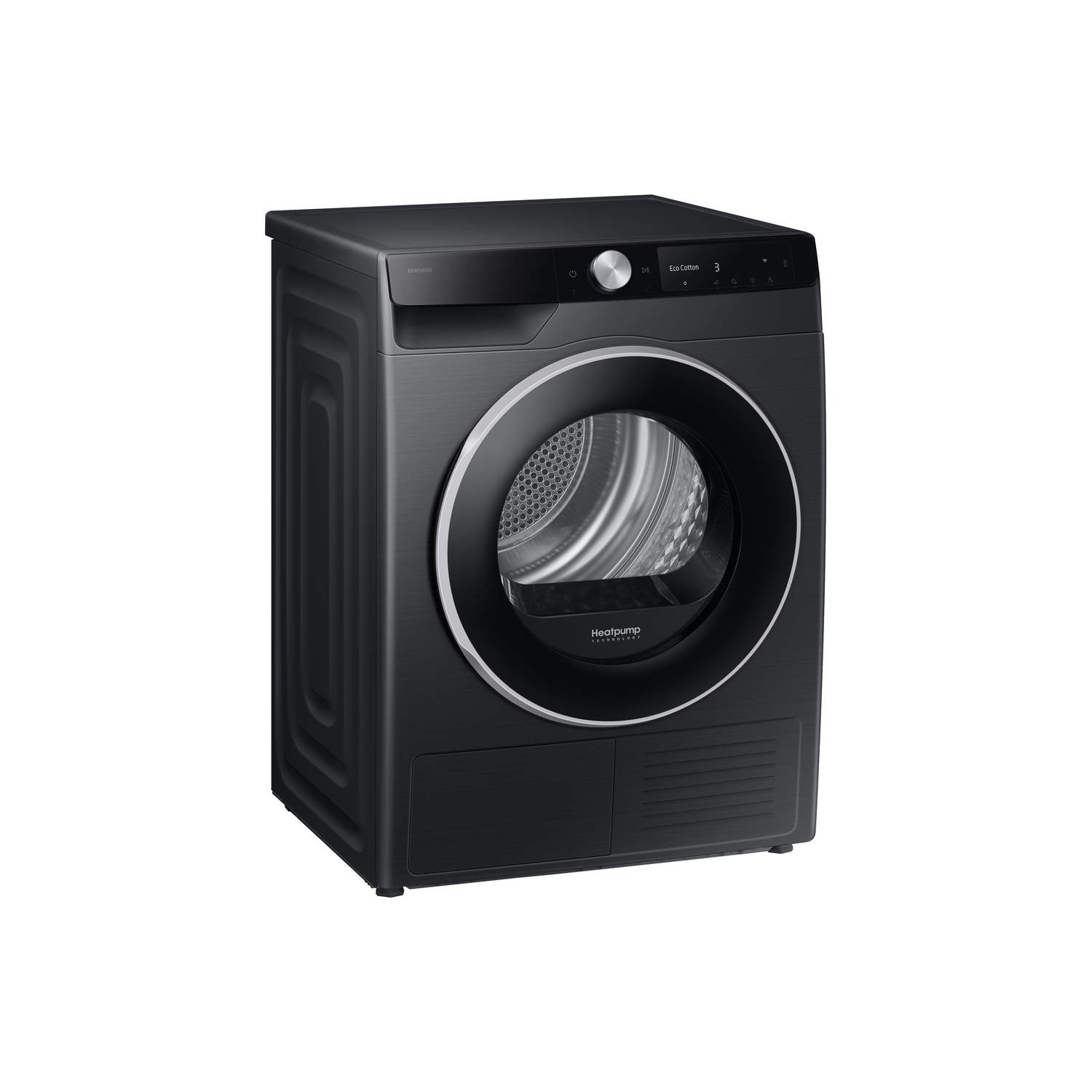 A black Samsung dryer. It has a circular door and a control panel on top. It is set against a white background.