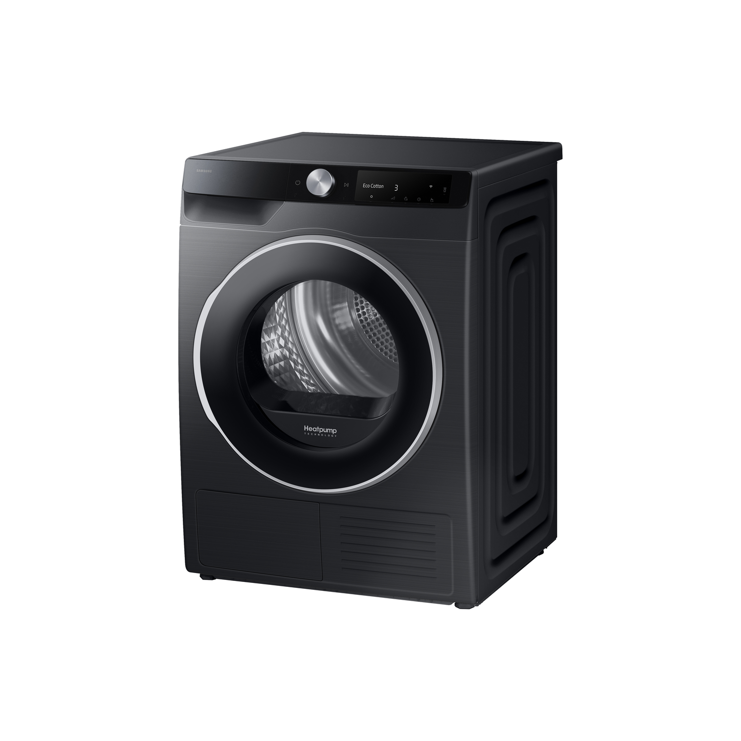 A black Samsung dryer is on a white background. It has a round door, control panel, and a Heatpump Technology label.