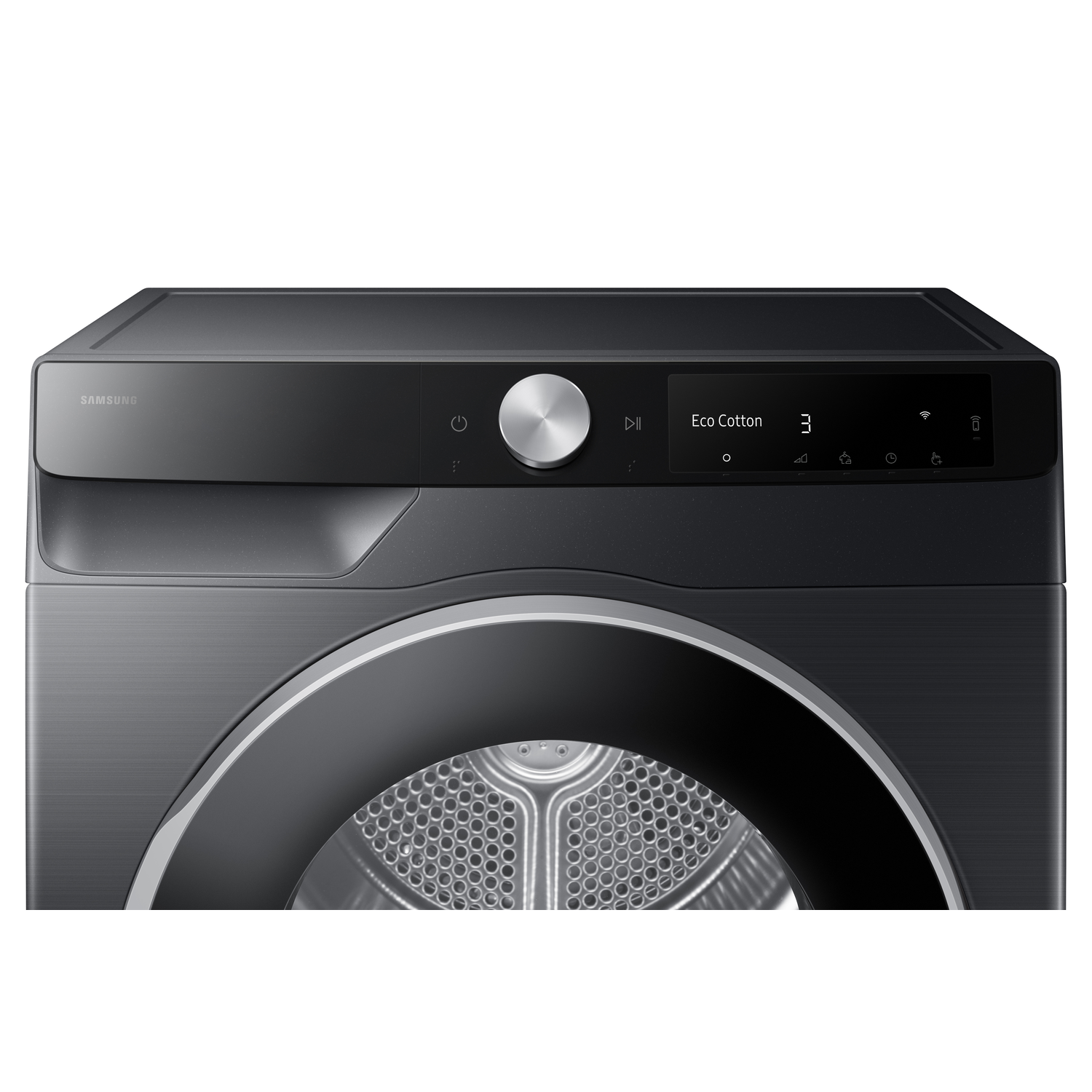 A close-up of a black Samsung dryer. It has a control panel with a dial, buttons, and a digital display showing settings.