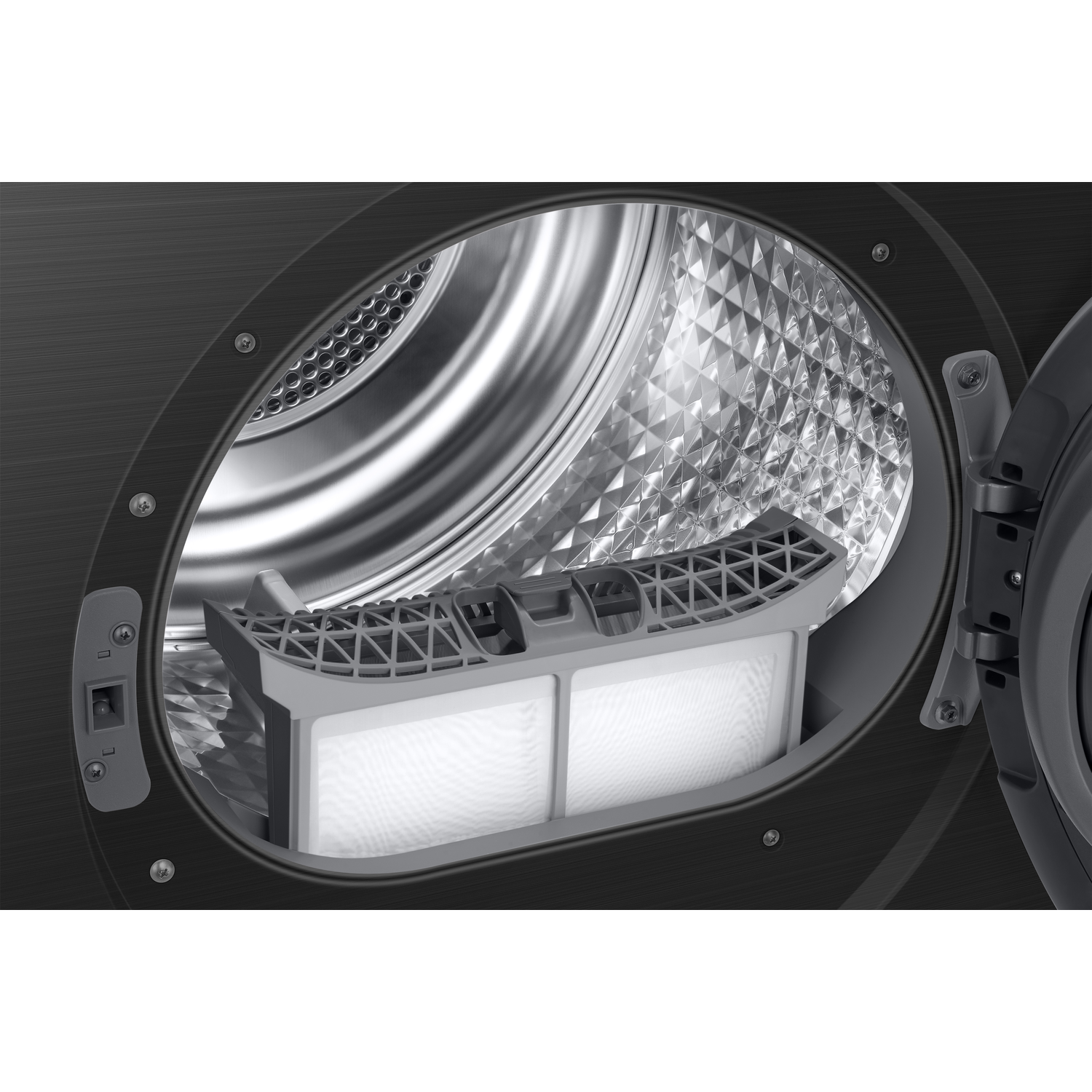 Open dryer door with filter. Inside the drum, a filter is visible. The dryer is black and silver, with geometric patterns.