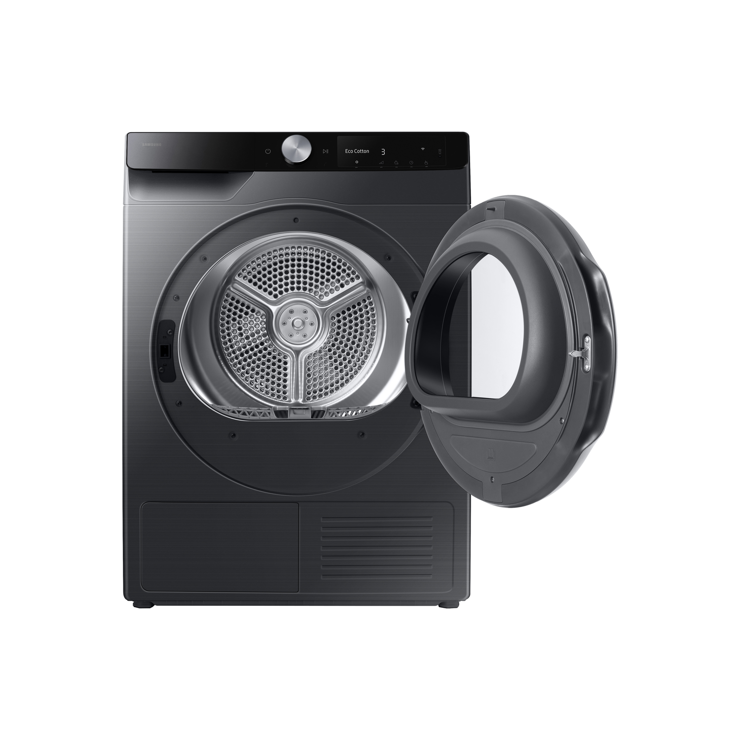 A dark gray Samsung dryer with an open door, revealing the drum. Controls are visible on top. Isolated on a white background.
