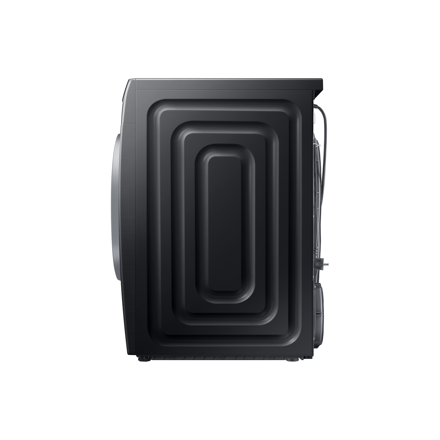 Side view of a black washing machine. The back has a series of recessed rectangular patterns. A power cord and components are visible.