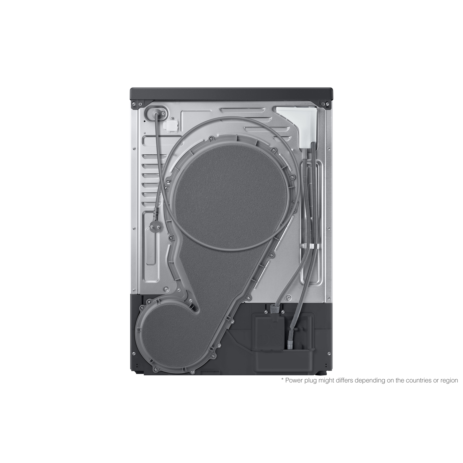 Back view of a washing machine with gray components, hoses, and a dark gray rectangular structure. The background is white.
