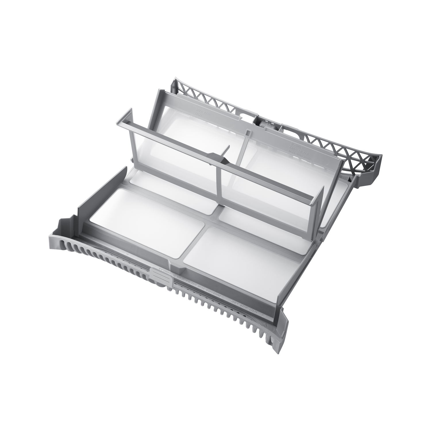 A gray, rectangular dryer filter with multiple compartments and a mesh screen is shown against a white background.
