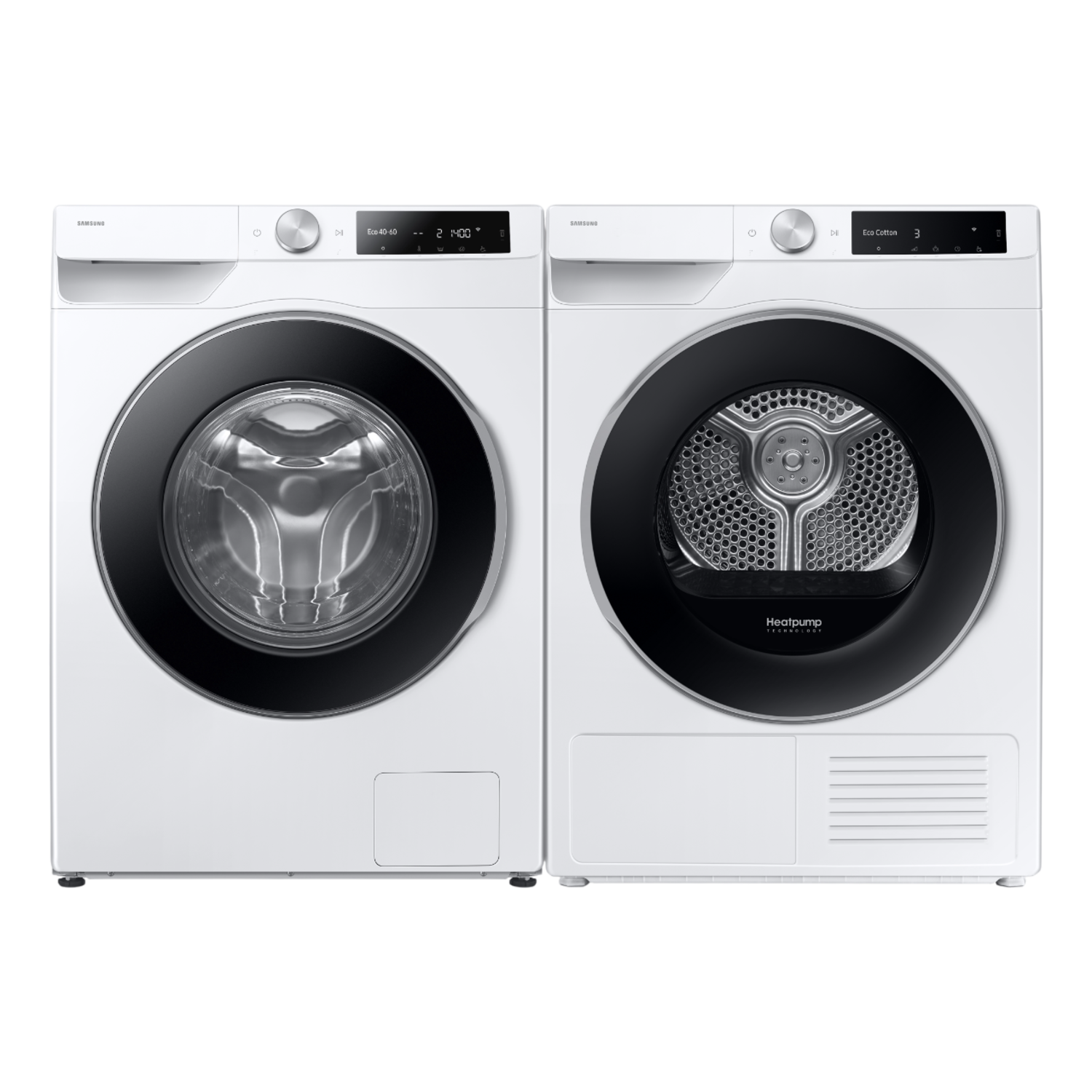 A white Samsung washer and dryer set. The washer has a black door with a glass window. The dryer has a black door with a mesh interior.