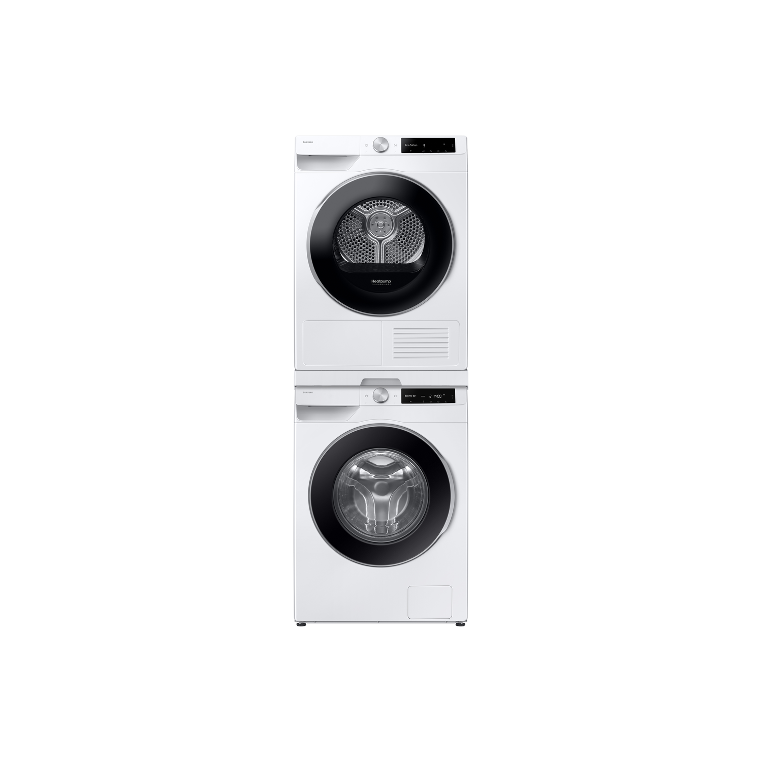 White stacked Samsung washer and dryer. The dryer is on top. Both have black doors and control panels.