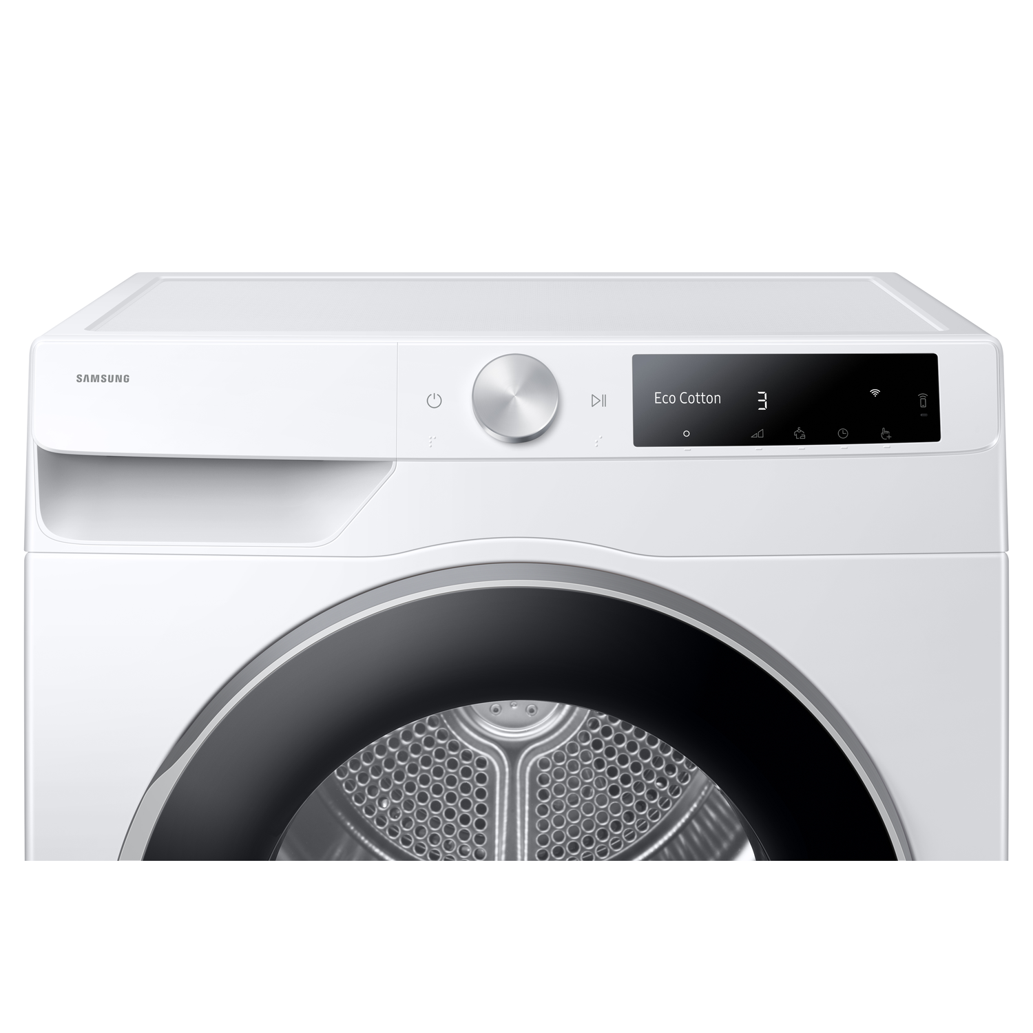 A white Samsung dryer. It has a digital display showing 'Eco Cotton' and a timer. A round control knob and door with a dark rim are visible.