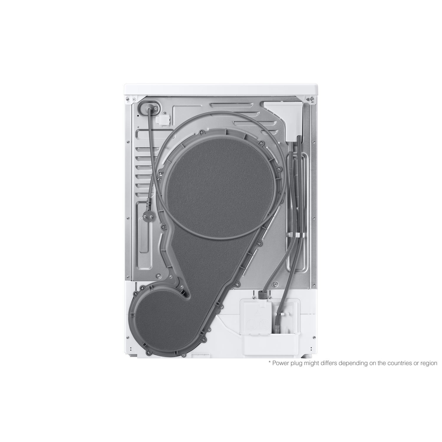Back view of a white dryer with a large gray circular component and various wires and tubes. Bottom right has a power plug.