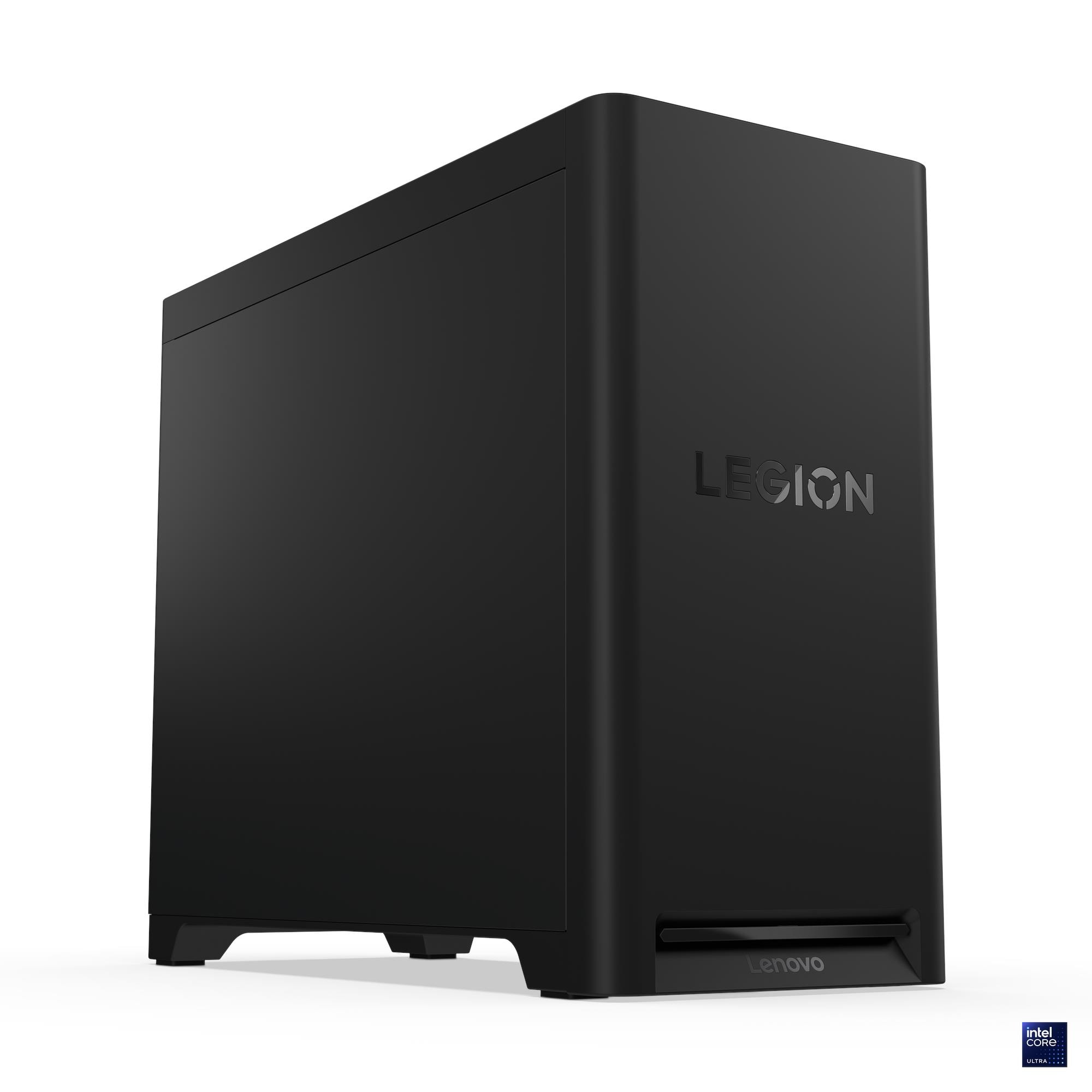 Ein schwarzer Lenovo Legion Desktop-Computer. Das Legion-Logo ist sichtbar. Der Intel Core Ultra-Aufkleber befindet sich unten rechts.