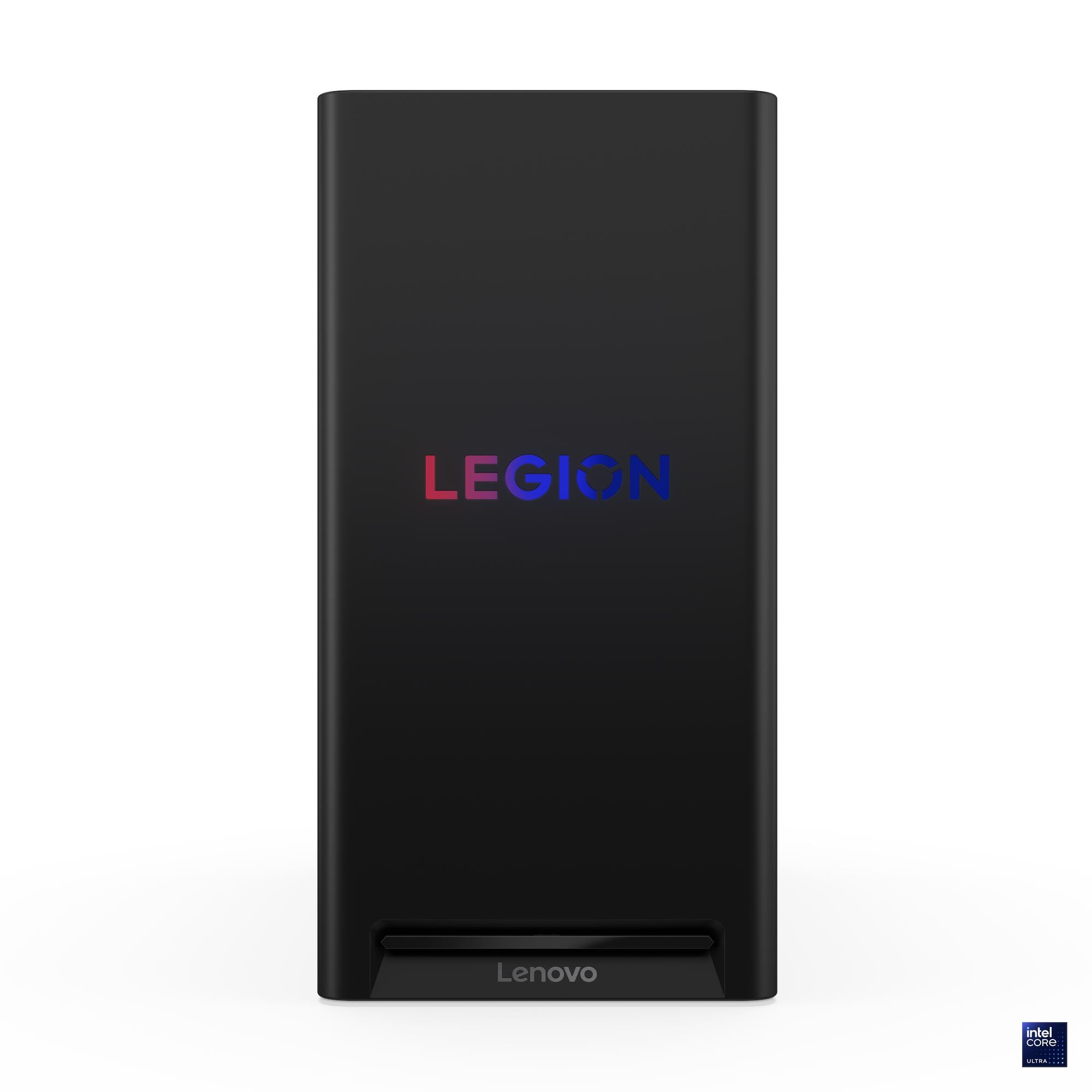 Ein schwarzer Lenovo Legion PC. Das Legion-Logo befindet sich in der Mitte, darunter Lenovo. Intel Ultra Aufkleber.