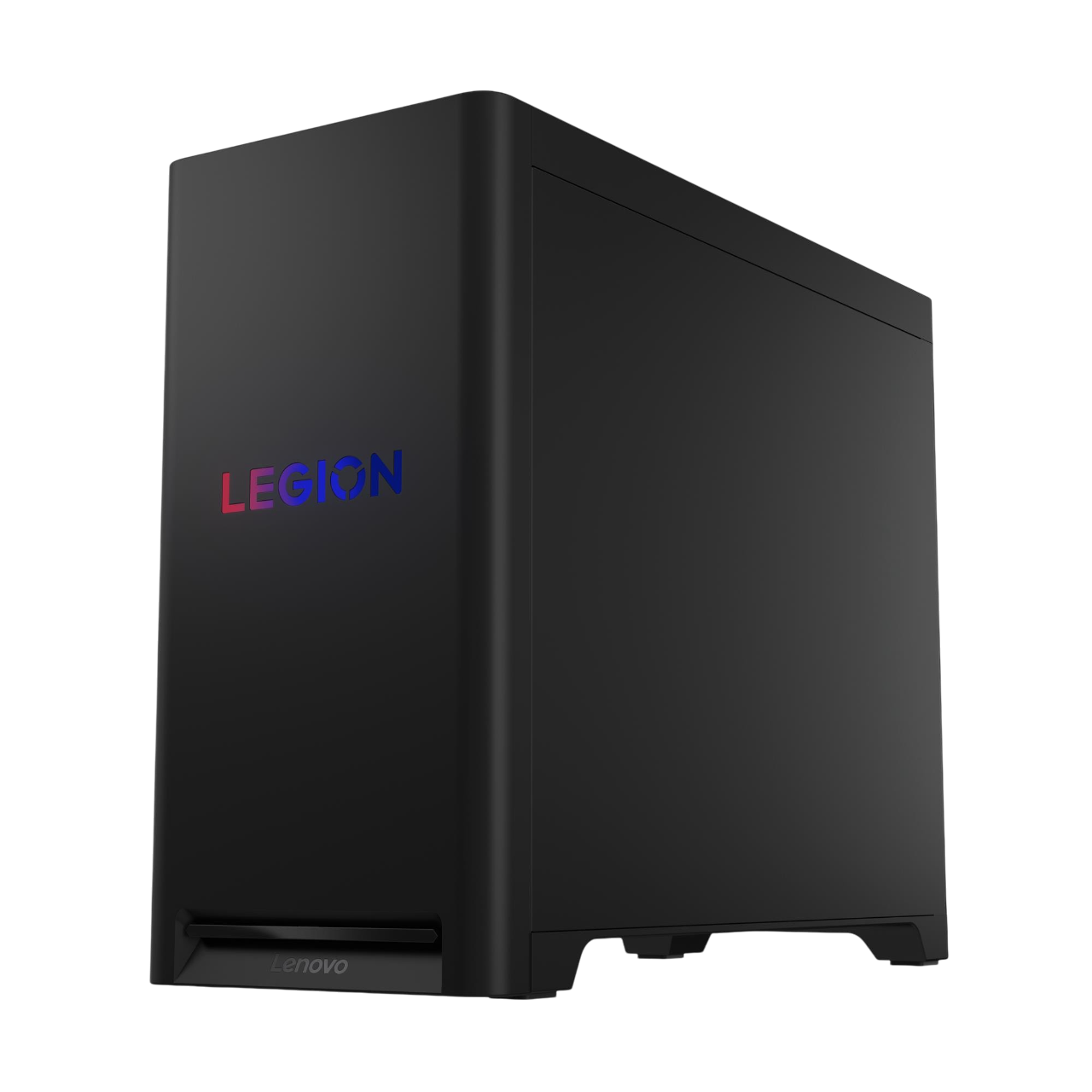 Ein schwarzes Lenovo Legion PC-Gehäuse. Das Wort LEGION leuchtet rot und blau. Das Lenovo-Logo befindet sich unten.