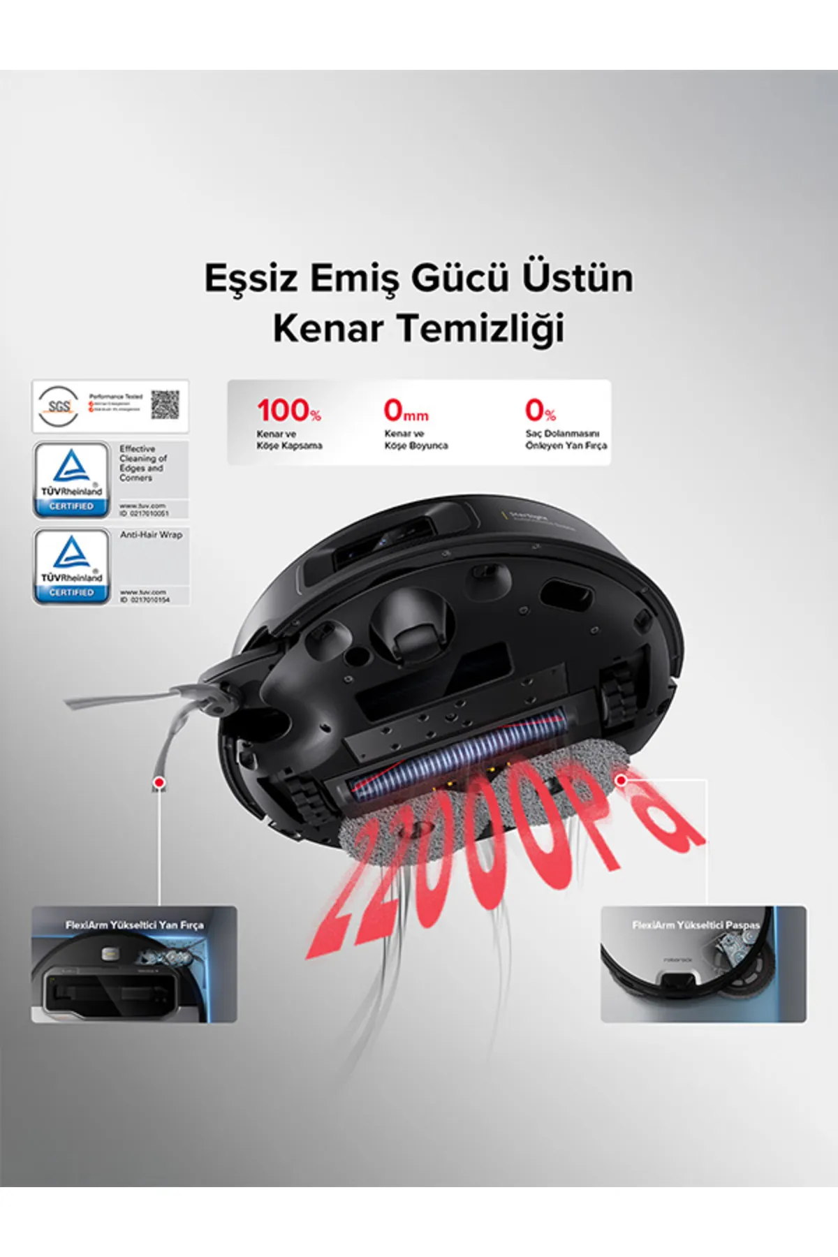 Siyah robot süpürge, öne çıkan özelliklerle. Metin %100 kapsama, 0mm kenar temizliği ve %0 saç dolaşımını gösterir.