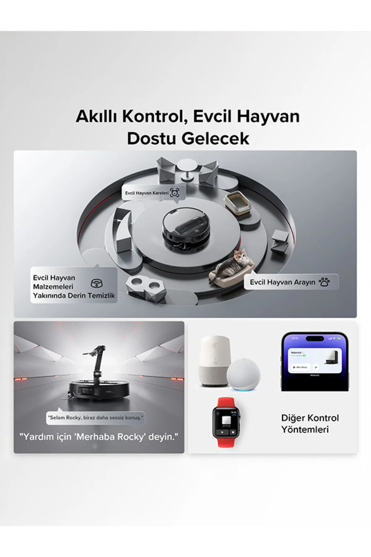 Reklamda, robot süpürge, akıllı cihazlar ve evcil hayvan bakımı hakkında Türkçe metinlerle akıllı ev sistemi gösteriliyor.