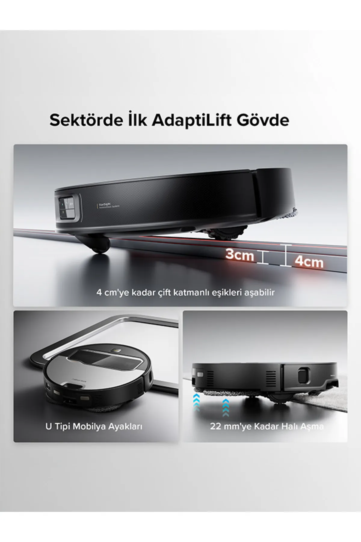 Görüntü siyah bir robot süpürgeyi gösteriyor. Başlıklar AdaptiLift, engel geçme ve halı temizleme gibi özellikleri vurgular.