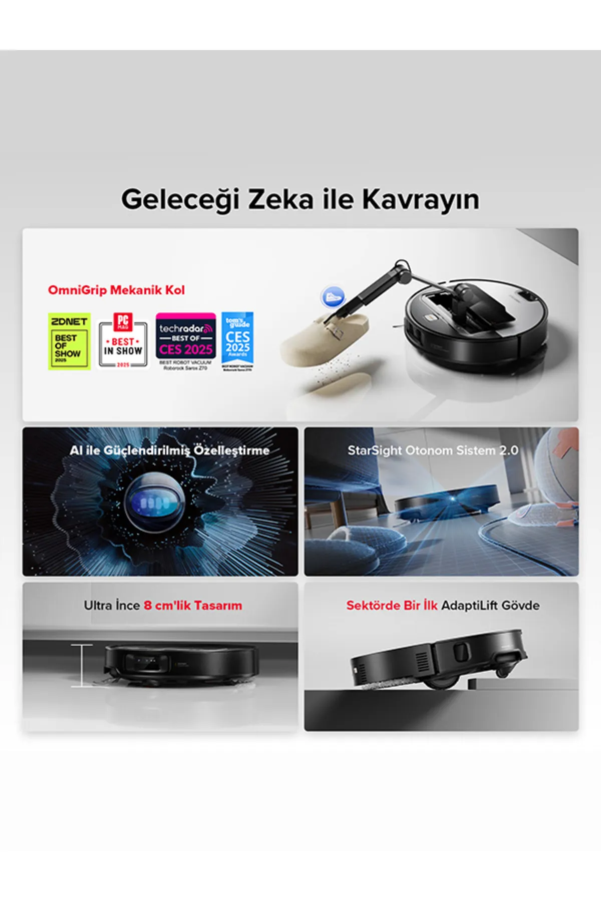 Bir reklam, robot süpürgeyi sergiliyor. Çeşitli ödüller ve özelliklerinin önemli noktalarını içerir.