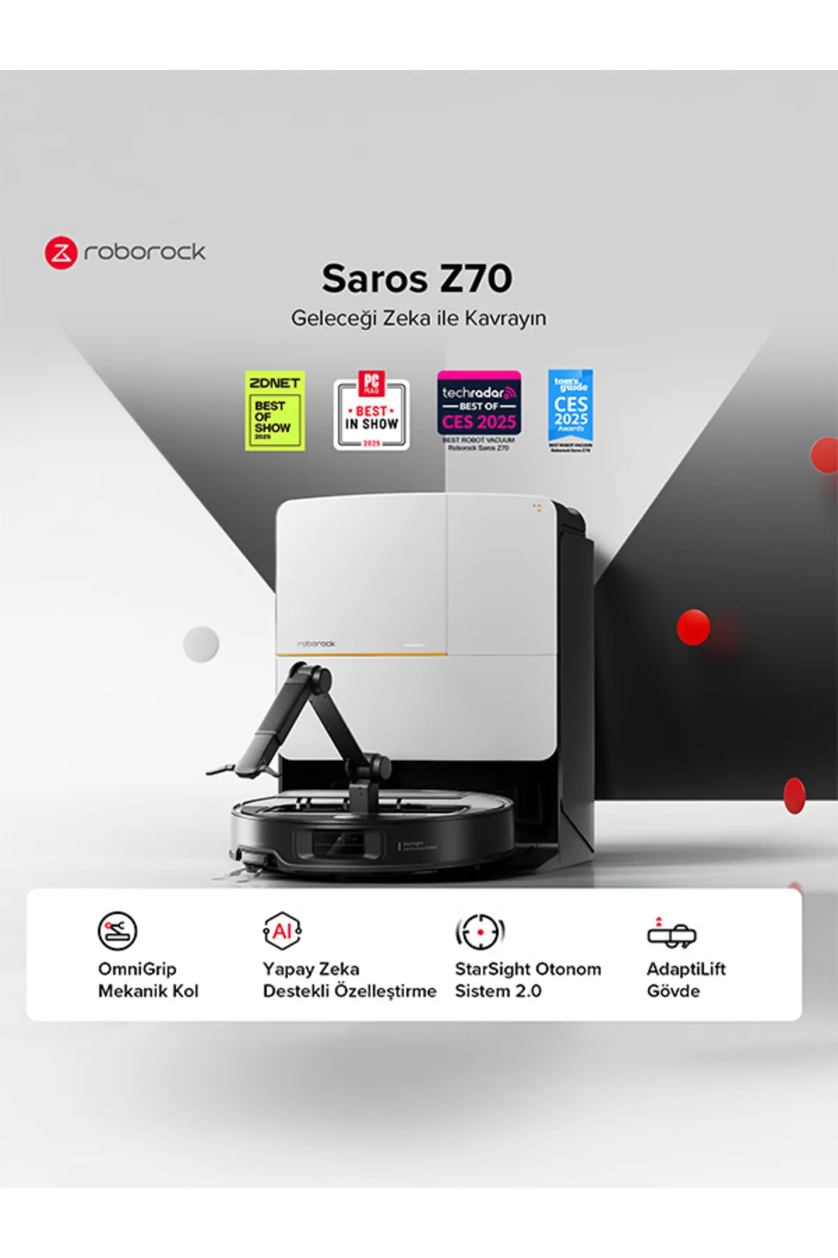 Roborock Saros Z70 robot süpürge, ödüller ve özelliklerle. Siyah beyaz tasarım, siyah kol. Sağda kırmızı noktalar.