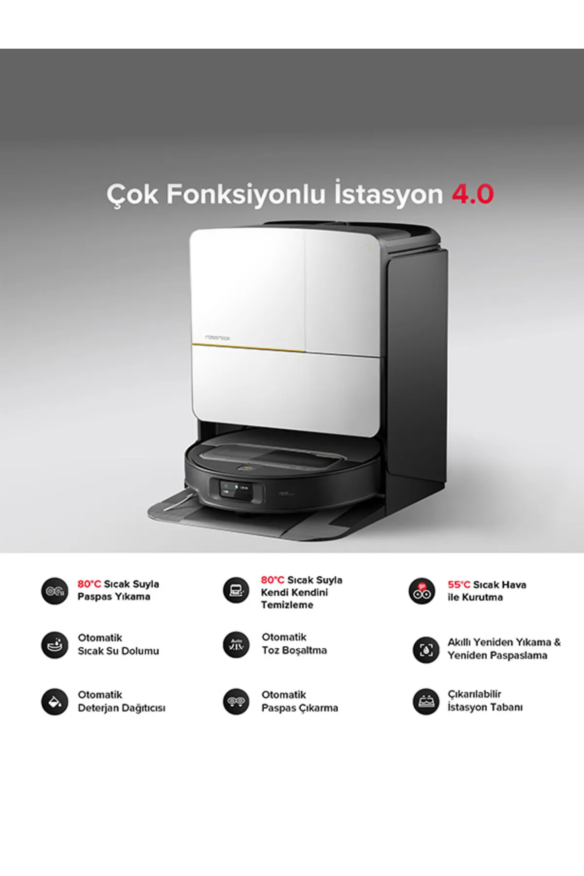 Yuvarlak robot süpürgeli beyaz ve siyah temizleme istasyonu. Metin 80C sıcak su, kendi kendini temizleme ve otomatik fonksiyonlardan bahseder.
