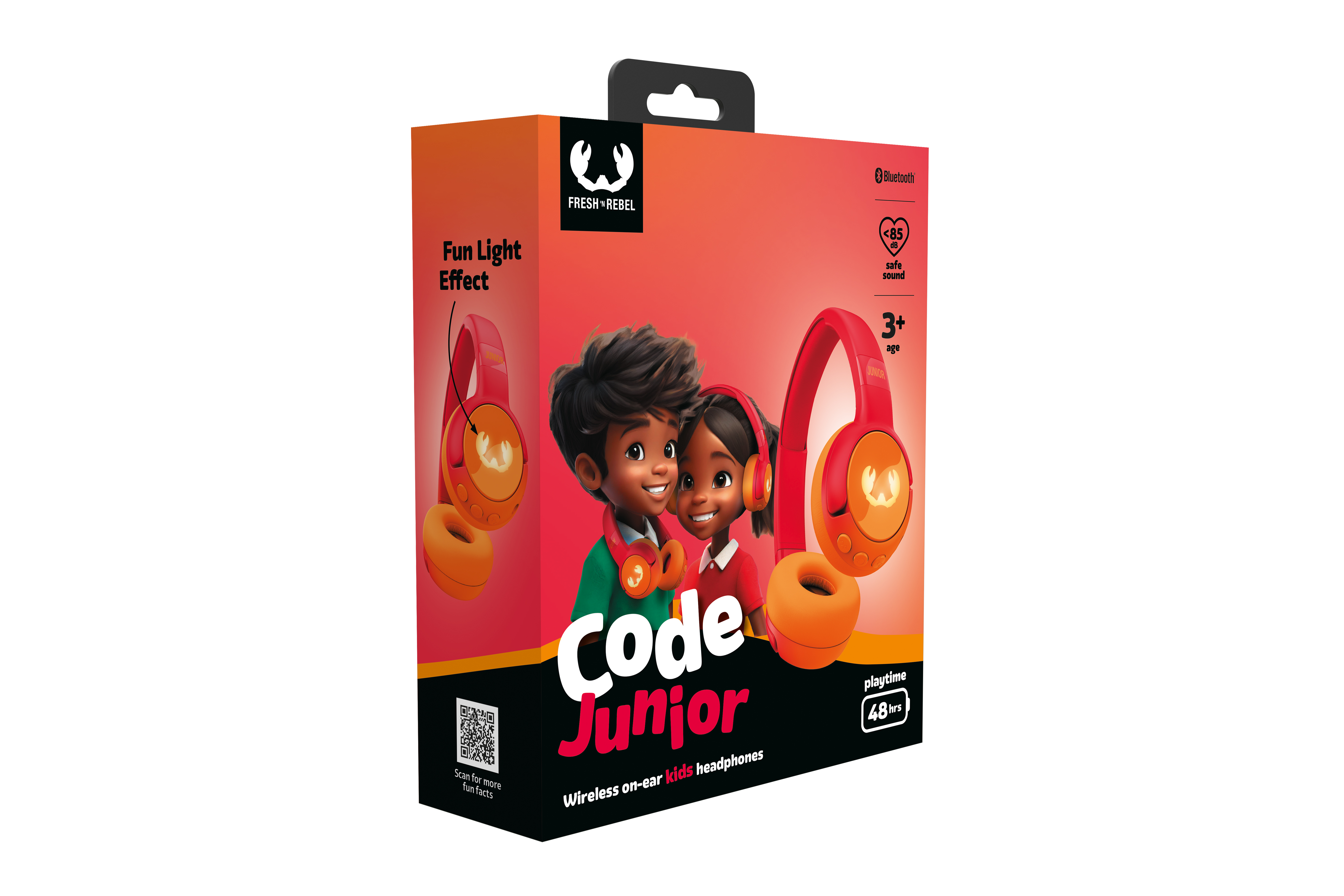Turuncu ve kırmızı kulaklıklı kutu. İki çizgi film çocuğu gülümsüyor. Metinde 'Code Junior' ve 'Wireless on-ear kids headphones' yazıyor.