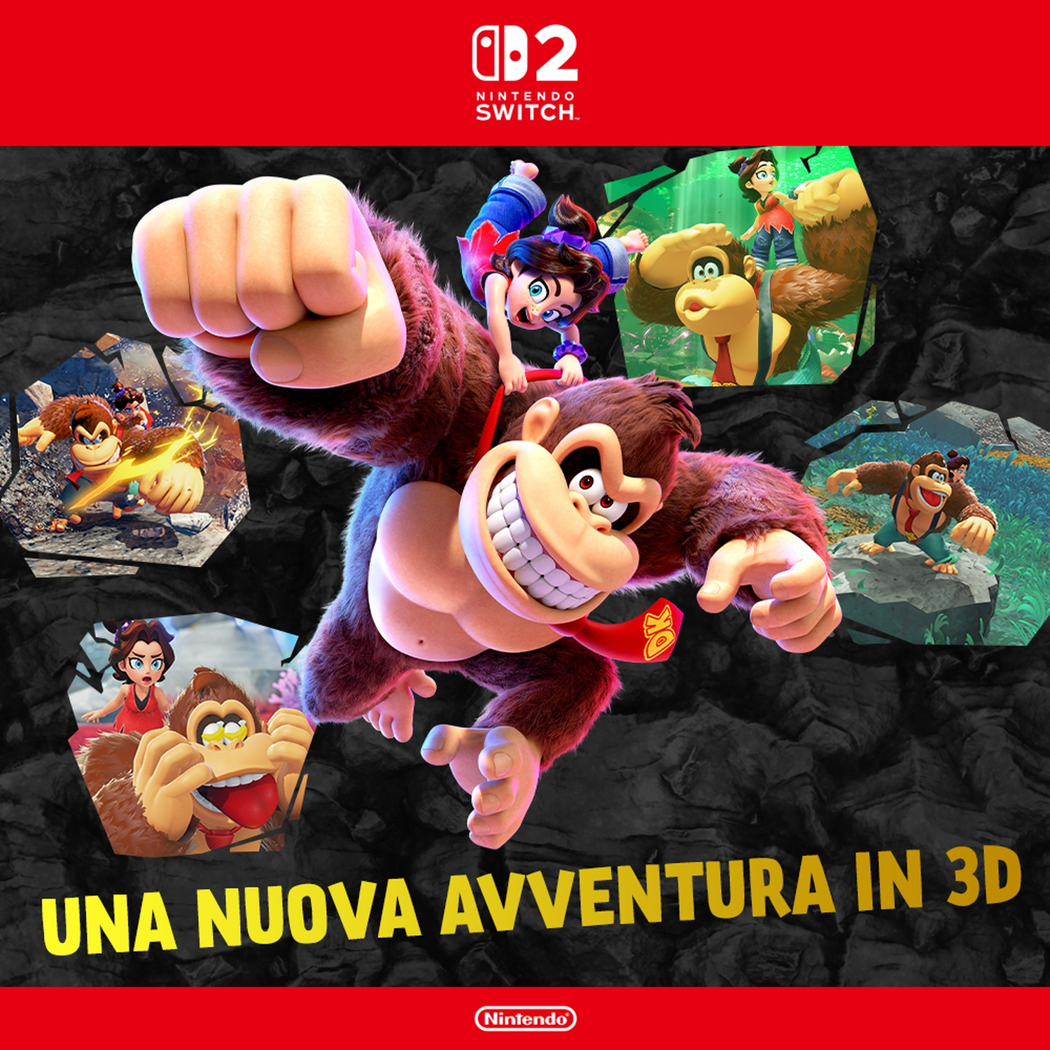 Donkey Kong con una ragazza sulla schiena, circondato da altre immagini di Donkey Kong. Le parole "UNA NUOVA AVVENTURA IN 3D" sono in basso.