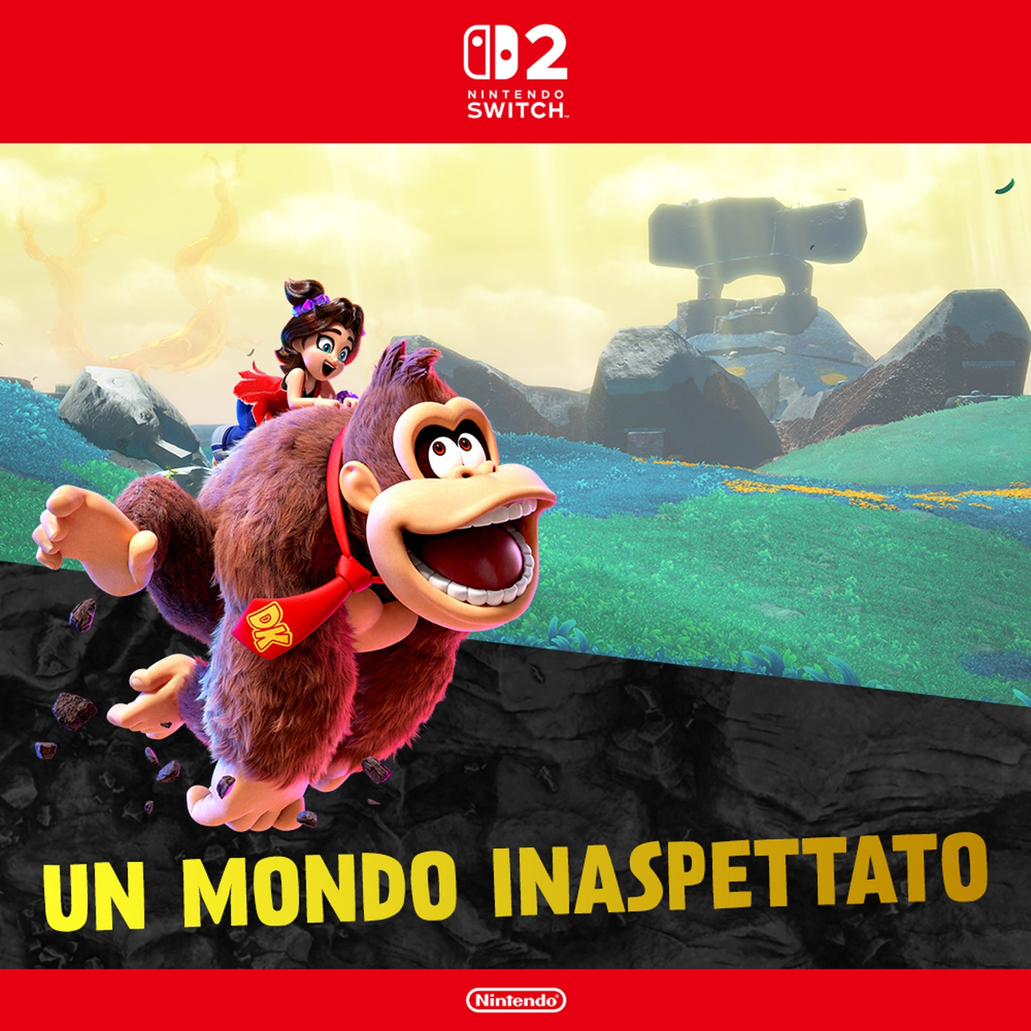 Donkey Kong con una ragazza in groppa. Sono in un paesaggio colorato. Il testo 'UN MONDO INASPETTATO' è in basso.