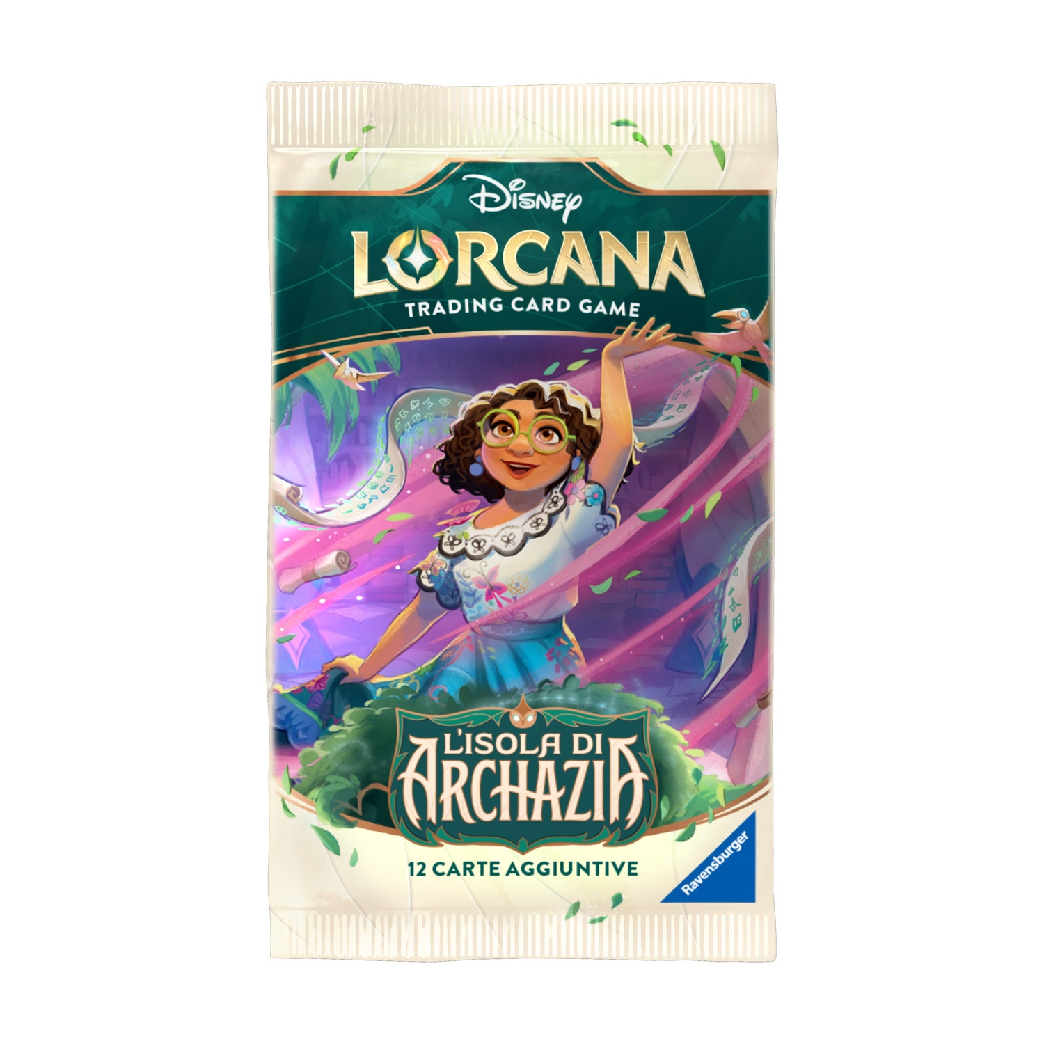 Un pacchetto del gioco di carte collezionabili Disney Lorcana. Ha un'illustrazione di un personaggio e testo in italiano. Lo sfondo è viola e verde.