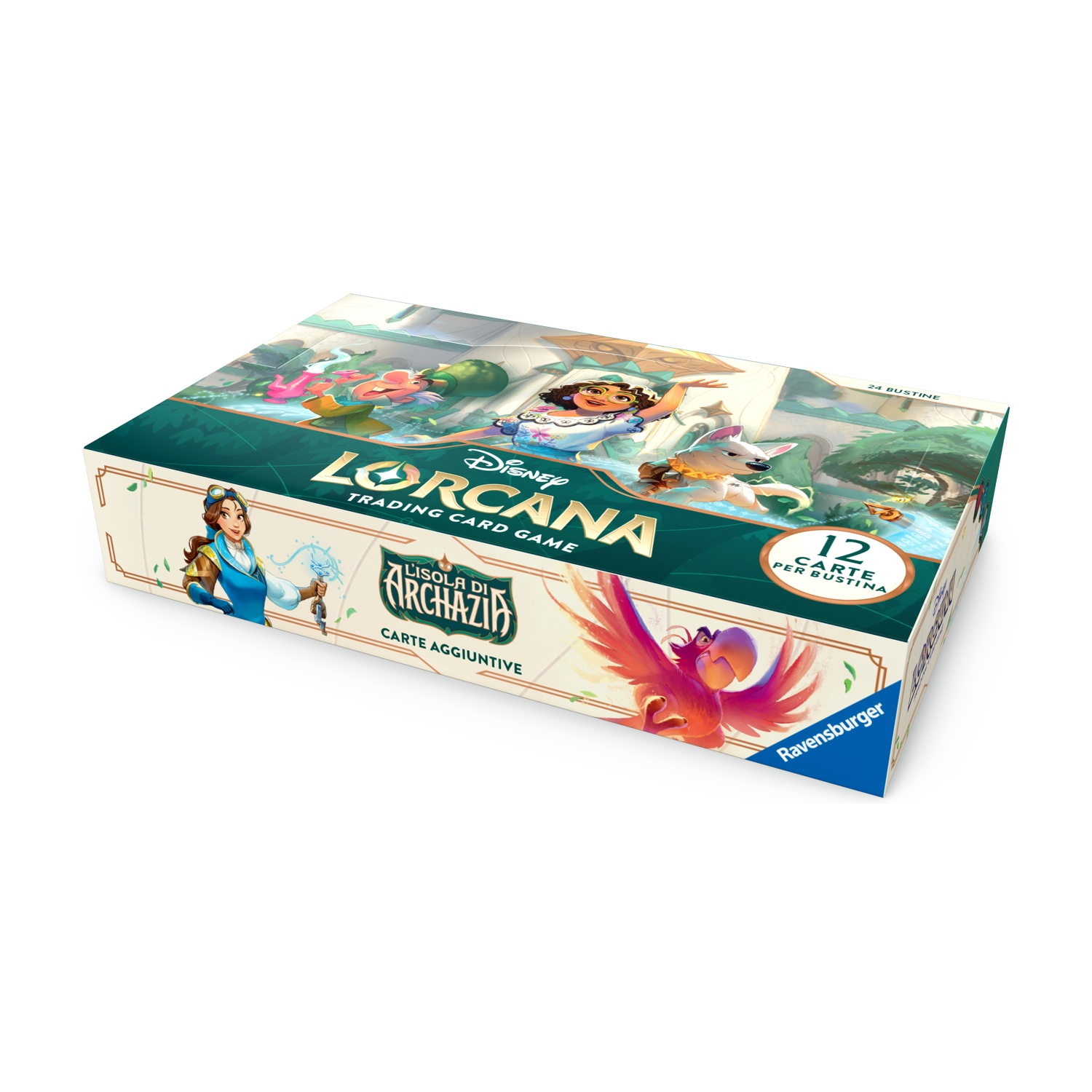 Una scatola del gioco di carte collezionabili Disney Lorcana, con personaggi dei cartoni animati e il logo del gioco. La scatola è bianca e verde.
