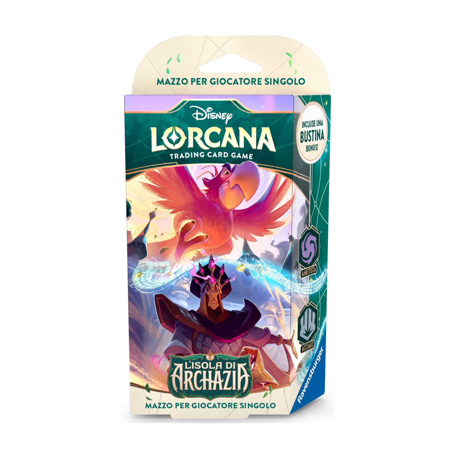 Scatola del gioco di carte collezionabili Disney Lorcana. Presenta opere d'arte di un uccello e di un personaggio su sfondo viola e verde.