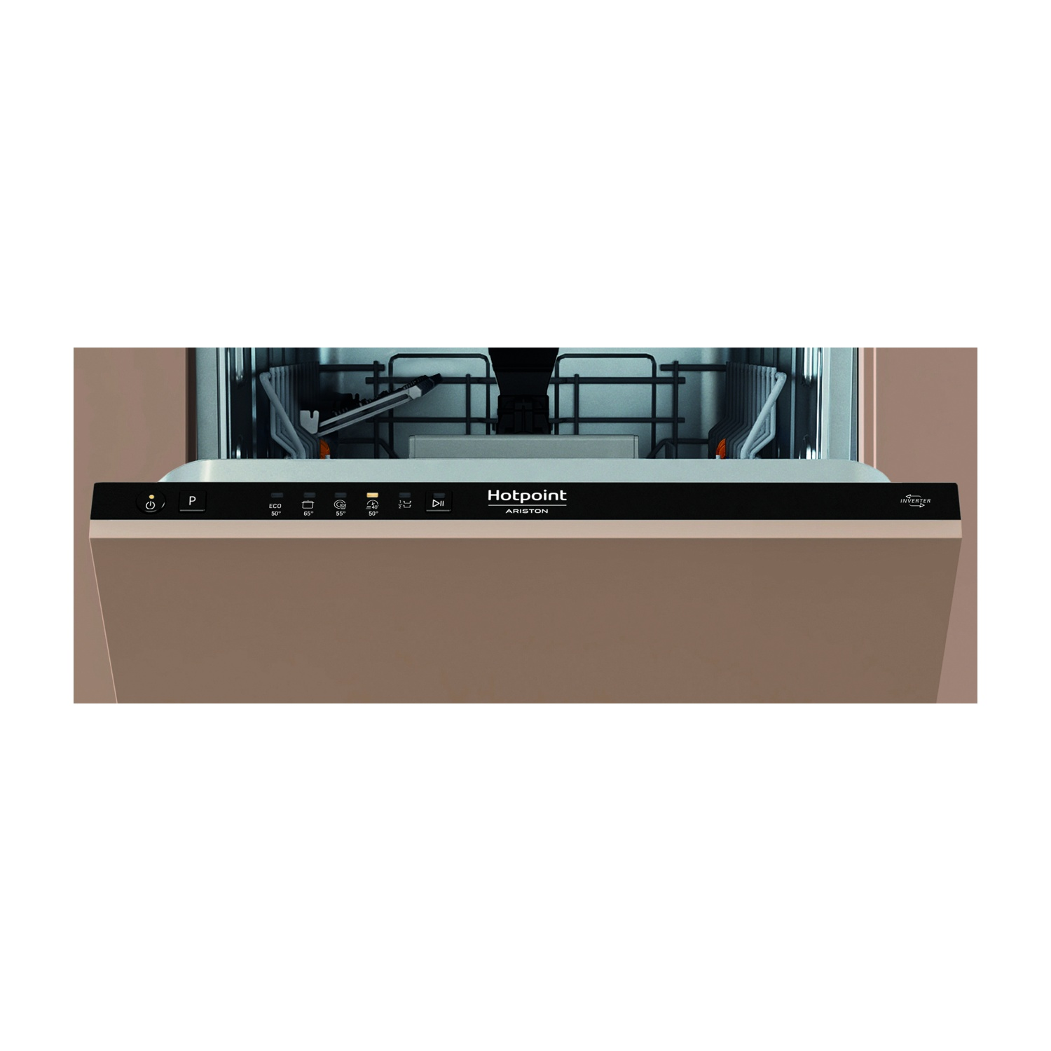 Una lavastoviglie Hotpoint Ariston è aperta. Il pannello di controllo mostra varie opzioni di programma. La porta è beige.
