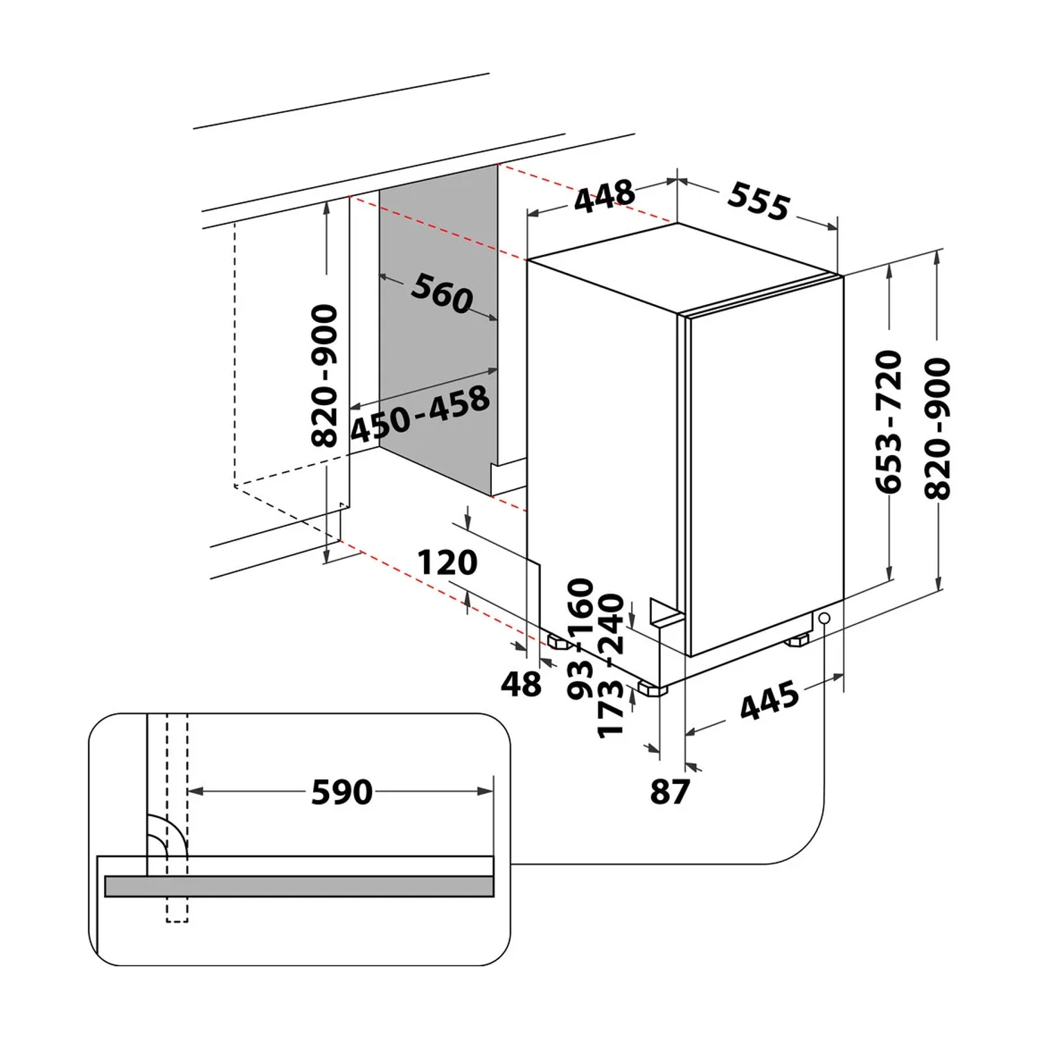 Diagramma di una lavastoviglie con dimensioni. Mostra viste dall'alto, laterali e frontali con misure in millimetri.