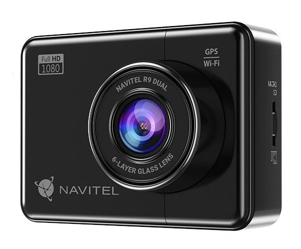 Czarna kamera samochodowa z obiektywem, GPS, Wi-Fi i gniazdem kart SD. Posiada etykiety 'Full HD 1080' i 'NAVITEL R9 DUAL'.