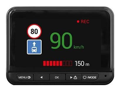 Wyświetlacz cyfrowy pokazuje 90 km/h, znak ograniczenia prędkości 80 i znak pasa autobusowego. Ekran ma wskaźnik REC i przyciski.