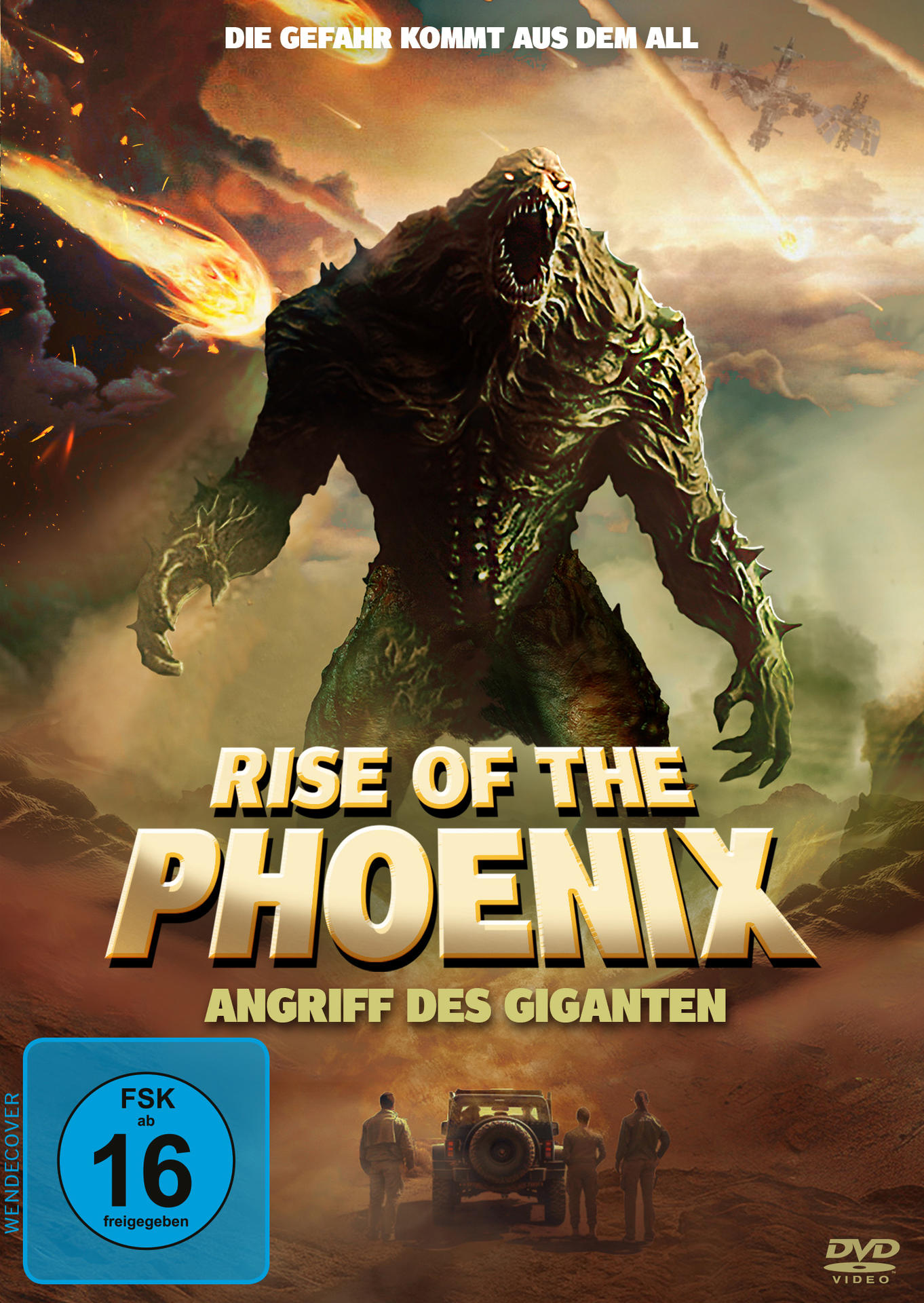 Filmplakat: Riesiges Monster mit offenem Mund, feurige Explosionen und ein Fahrzeug. Titel: Rise of the Phoenix. Bewertung: 16.
