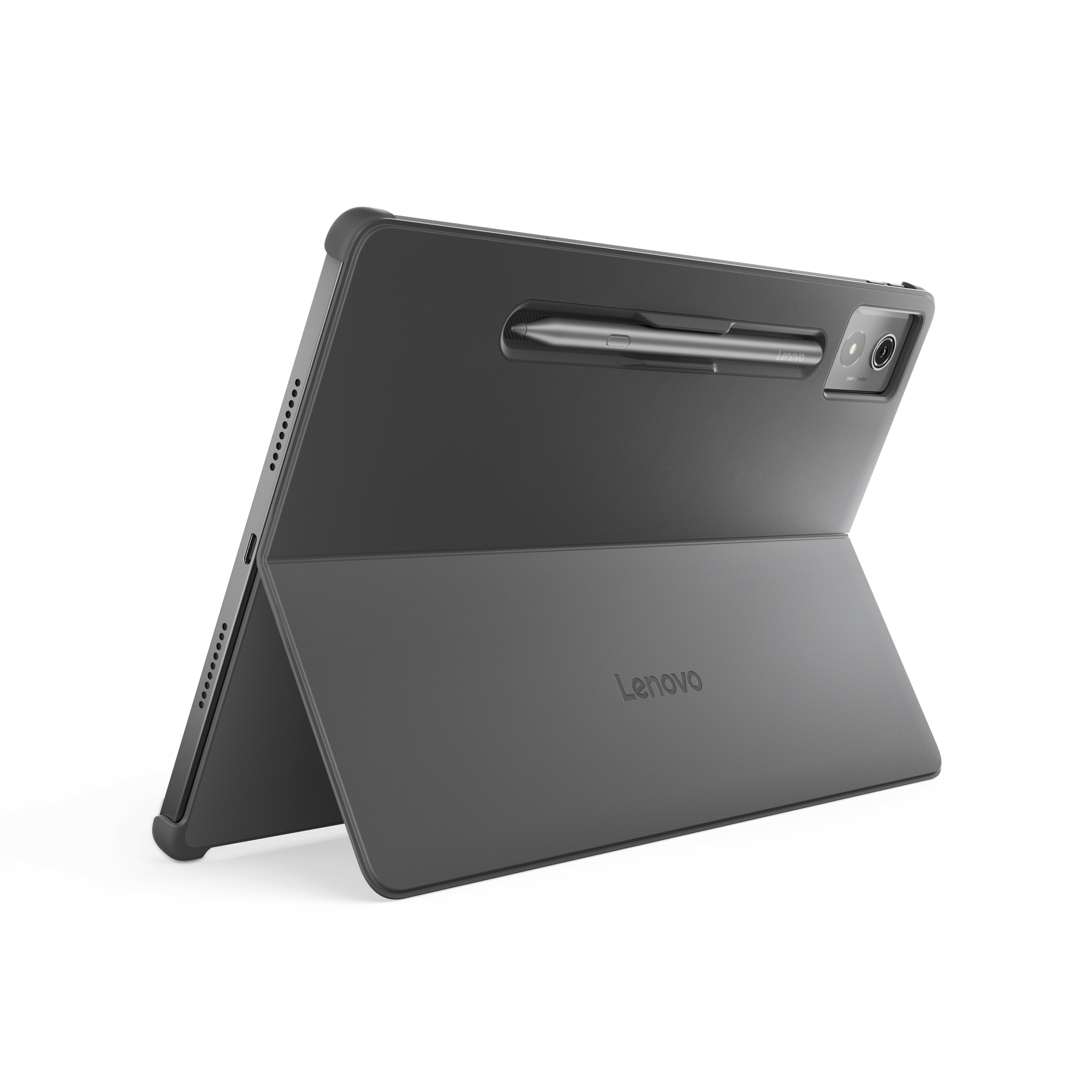Siyah arka planda gri bir Lenovo tablet, kılıf ve kalem. Lenovo logosu görünür durumda.