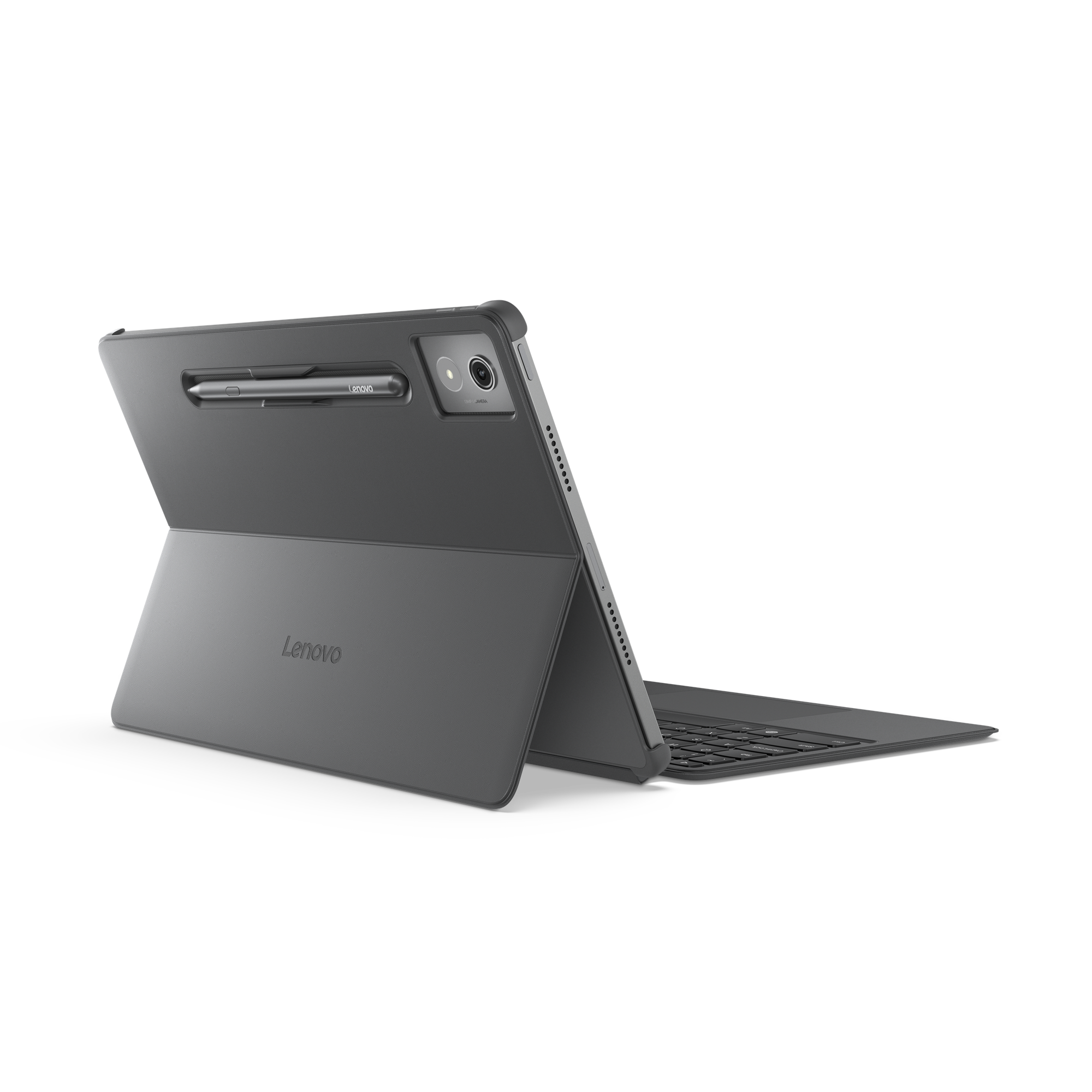 Siyah bir yüzeyde açık gri bir Lenovo tablet ve kalem. Kamera ve klavye bağlantısı var.